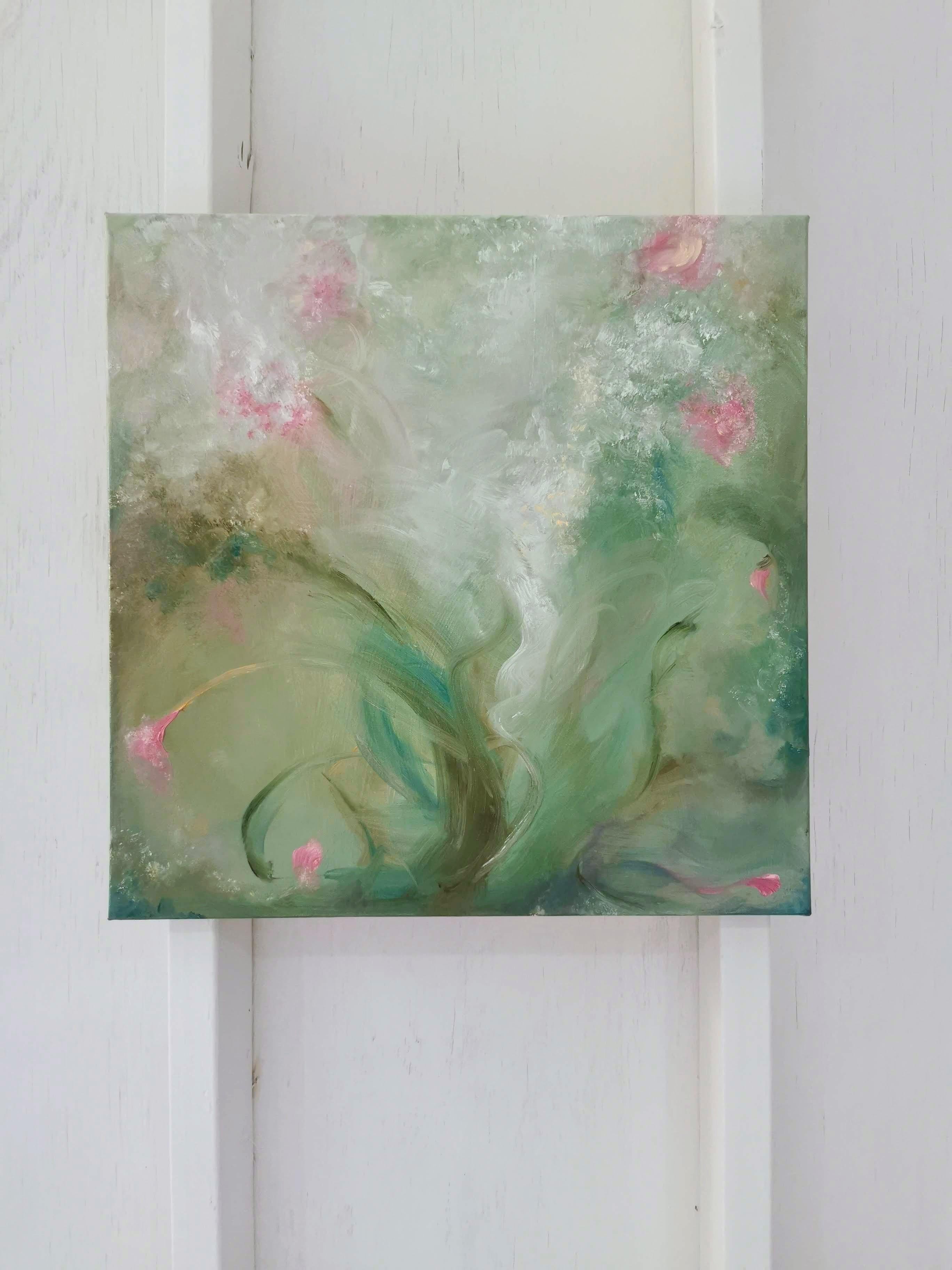 A most verdant spring - Whimsical green and pink abstract painting - Painting by Jennifer L. Baker
