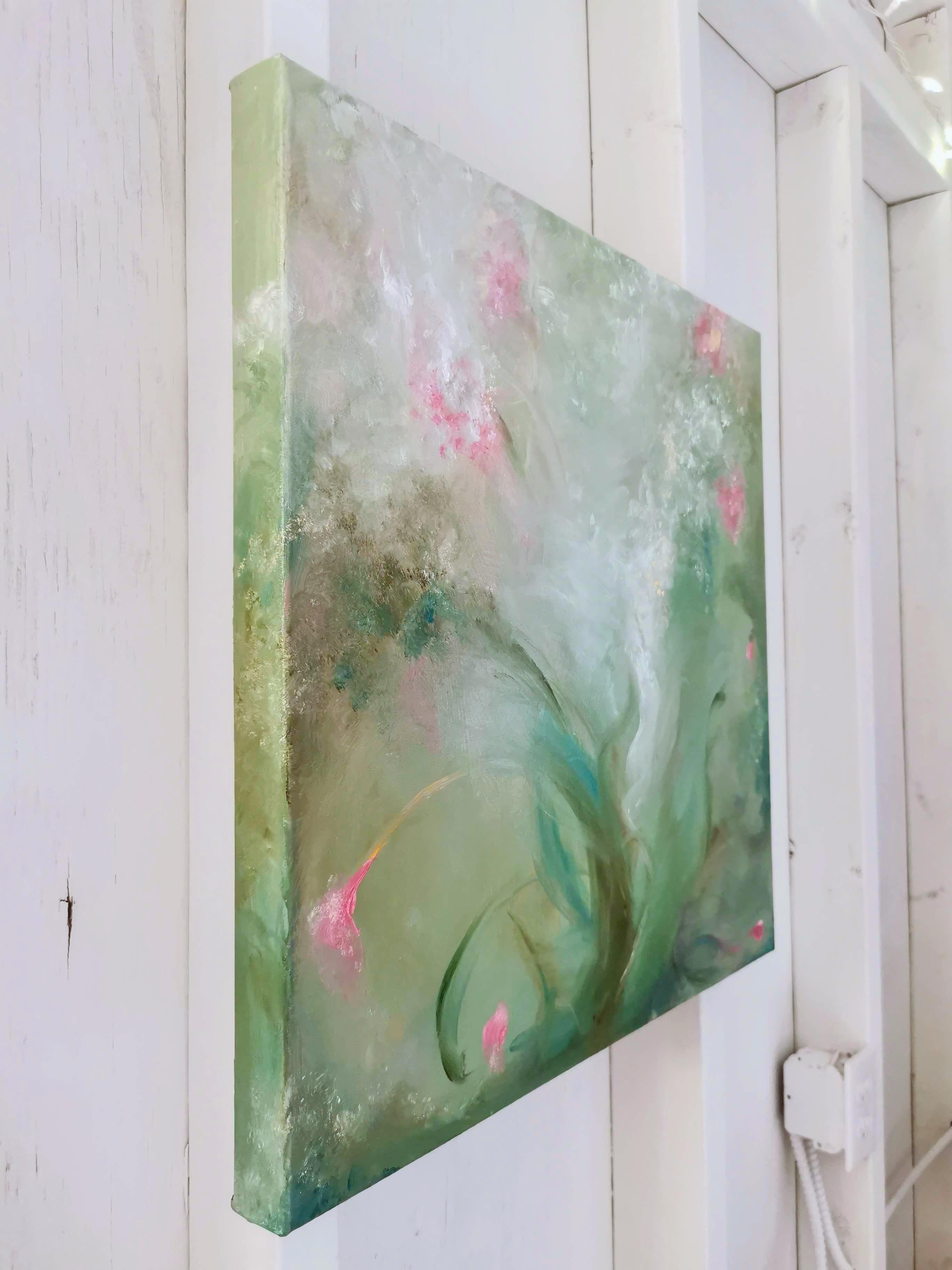 A most verdant spring - Whimsical green and pink abstract painting - Abstract Impressionist Painting by Jennifer L. Baker
