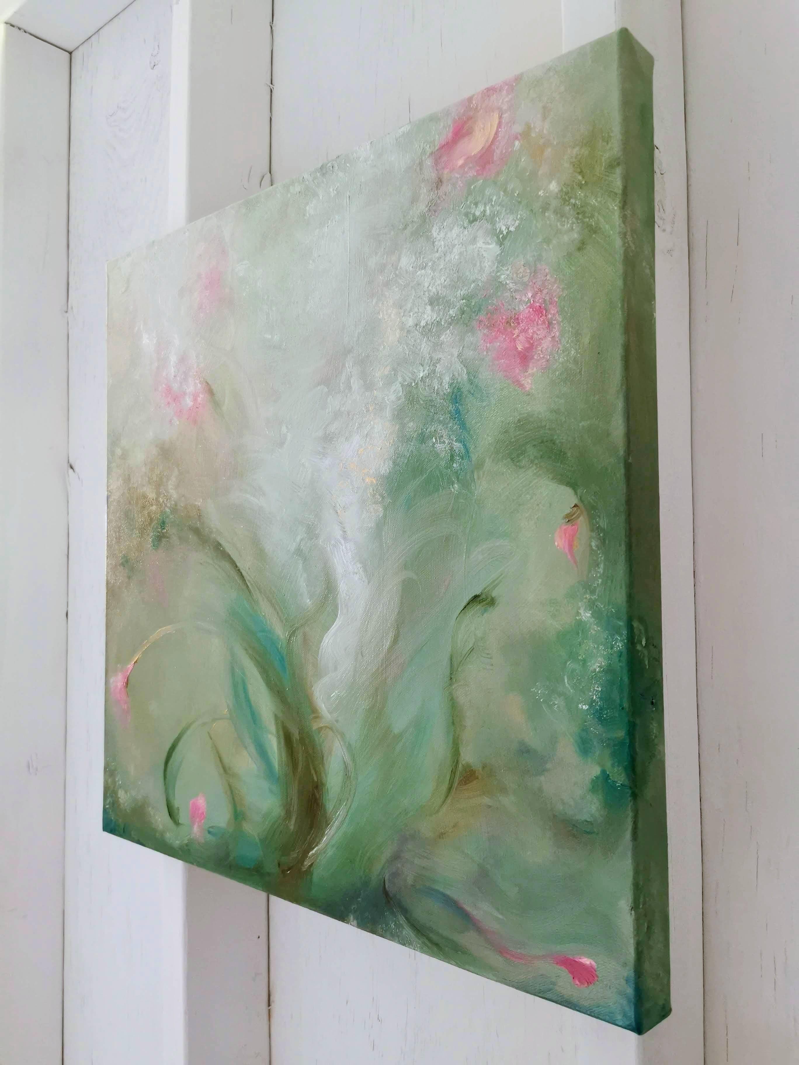 A most verdant spring - Whimsical green and pink abstract painting - Beige Abstract Painting by Jennifer L. Baker