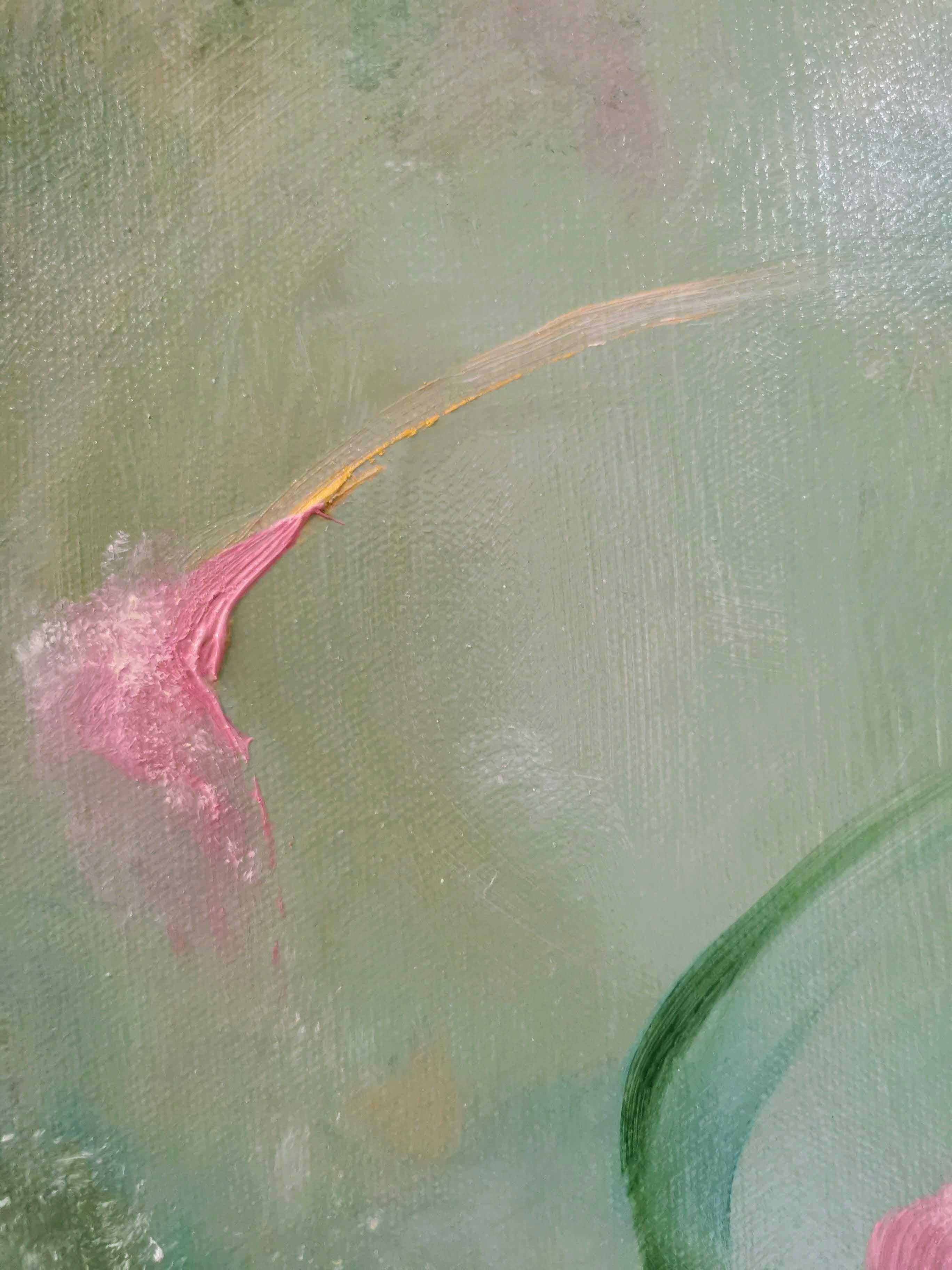 A most verdant spring - Whimsical green and pink abstract painting For Sale 1