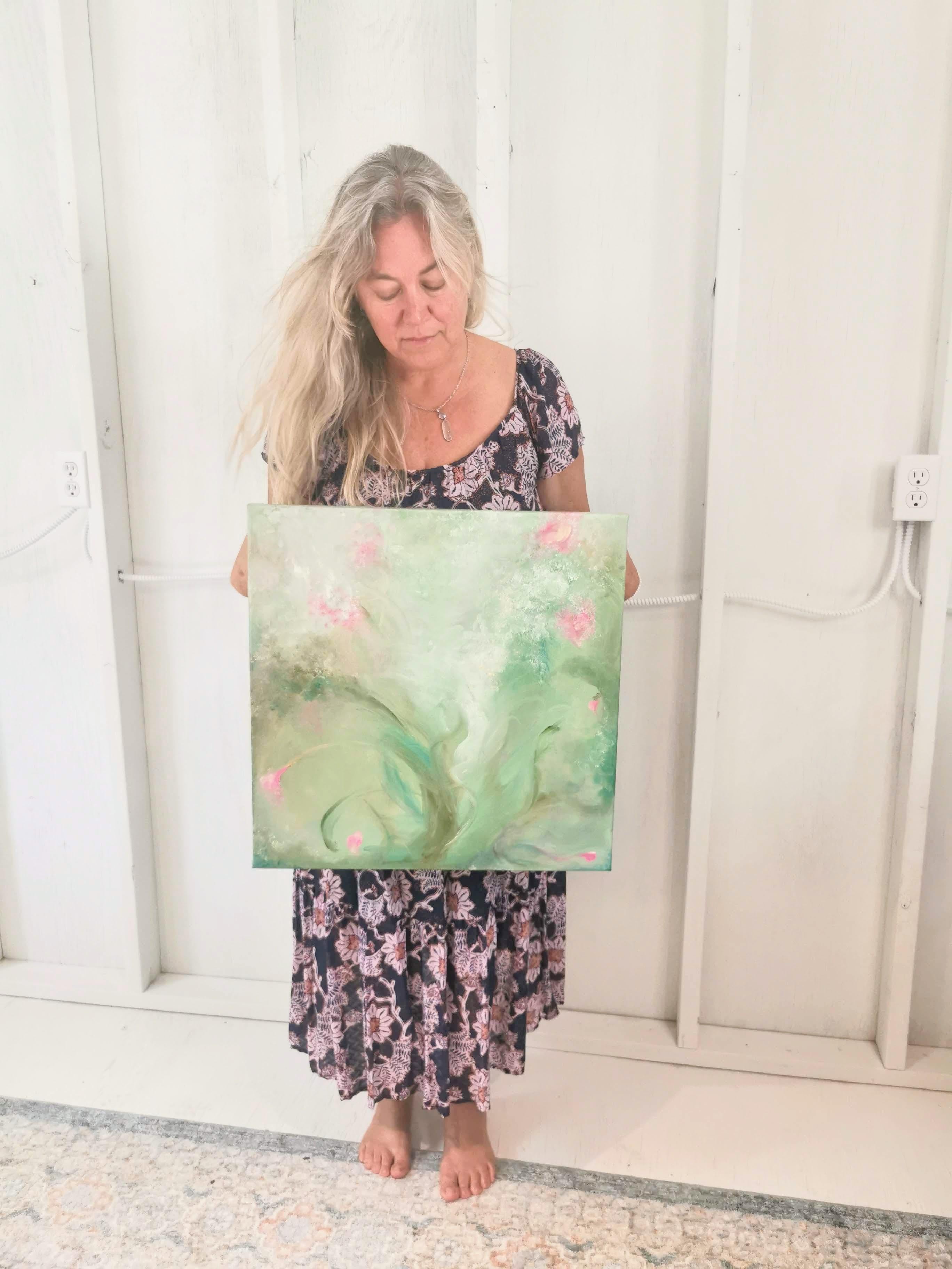 A most verdant spring - Whimsical green and pink abstract painting For Sale 2