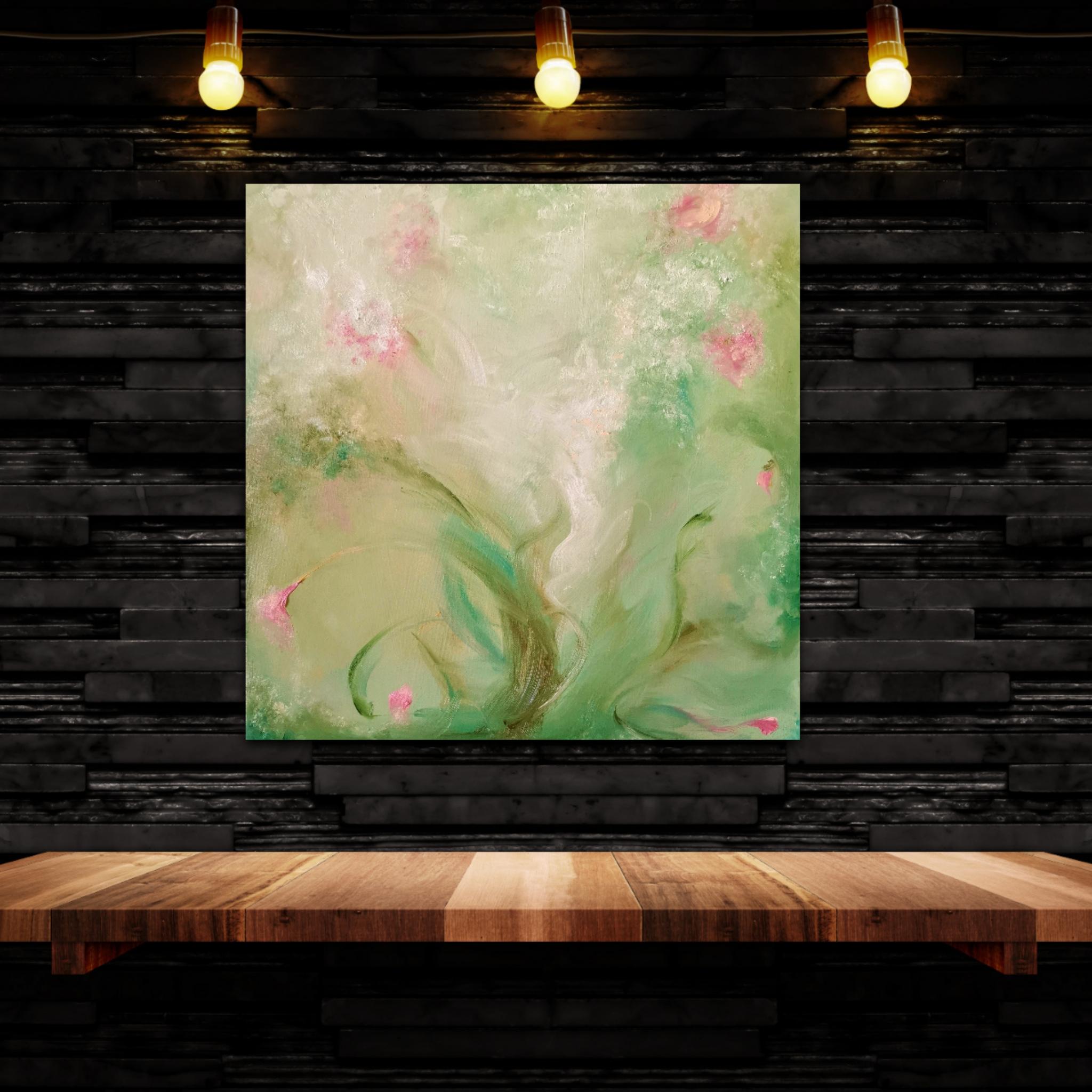 A most verdant spring - Whimsical green and pink abstract painting For Sale 3
