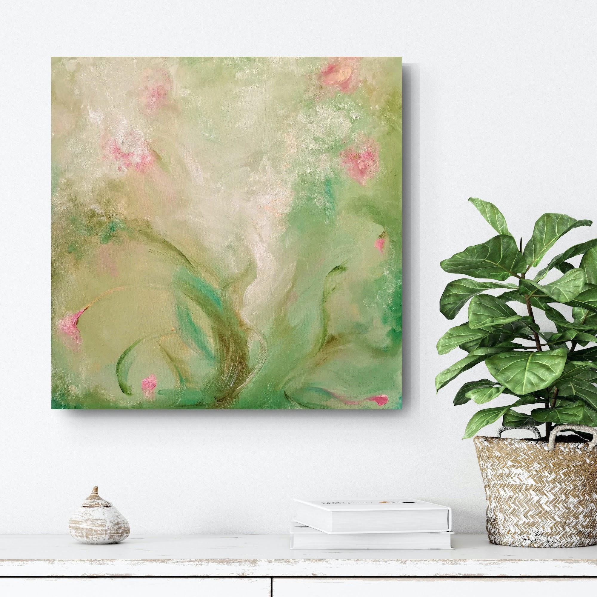 A most verdant spring - Whimsical green and pink abstract painting For Sale 4