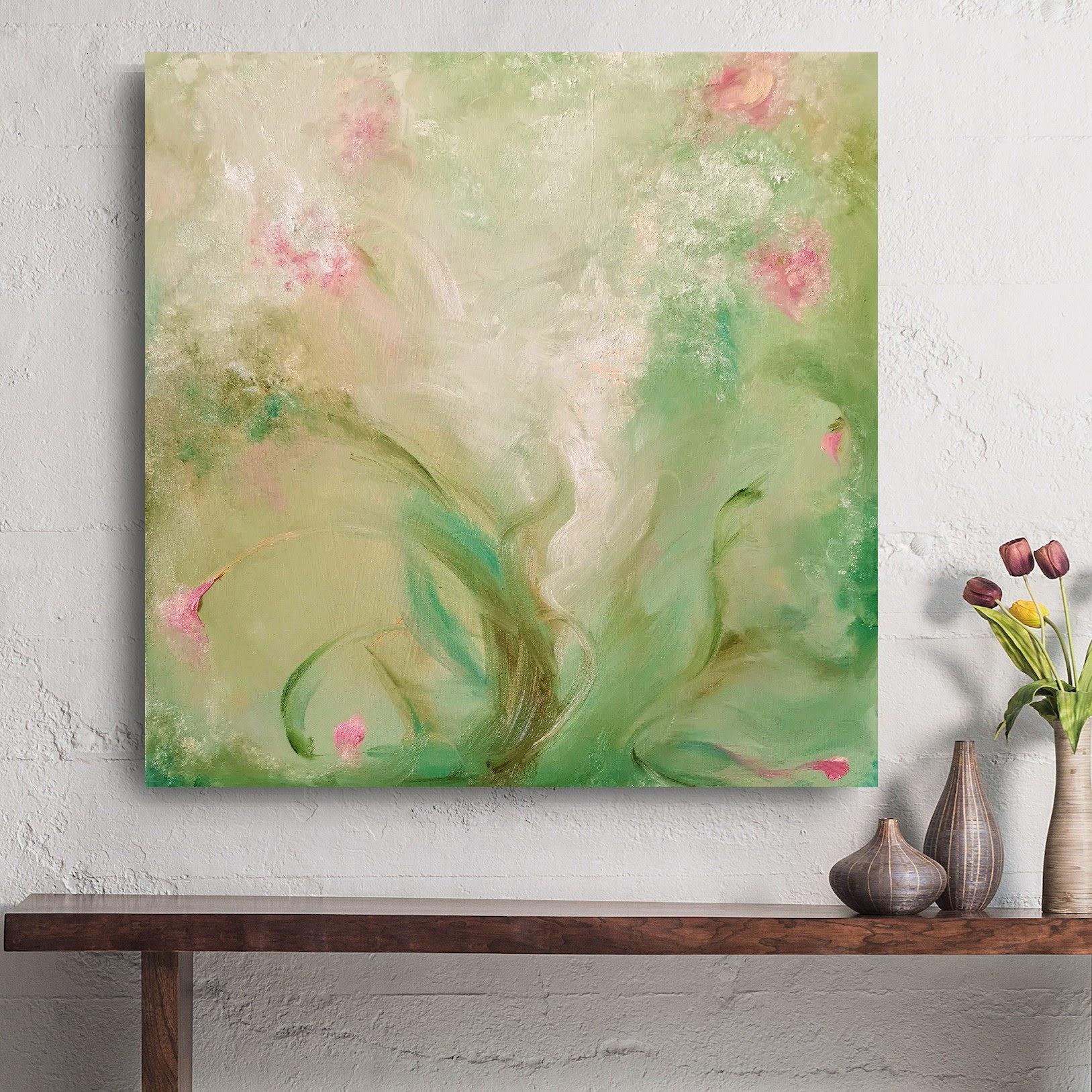 A most verdant spring - Whimsical green and pink abstract painting For Sale 5