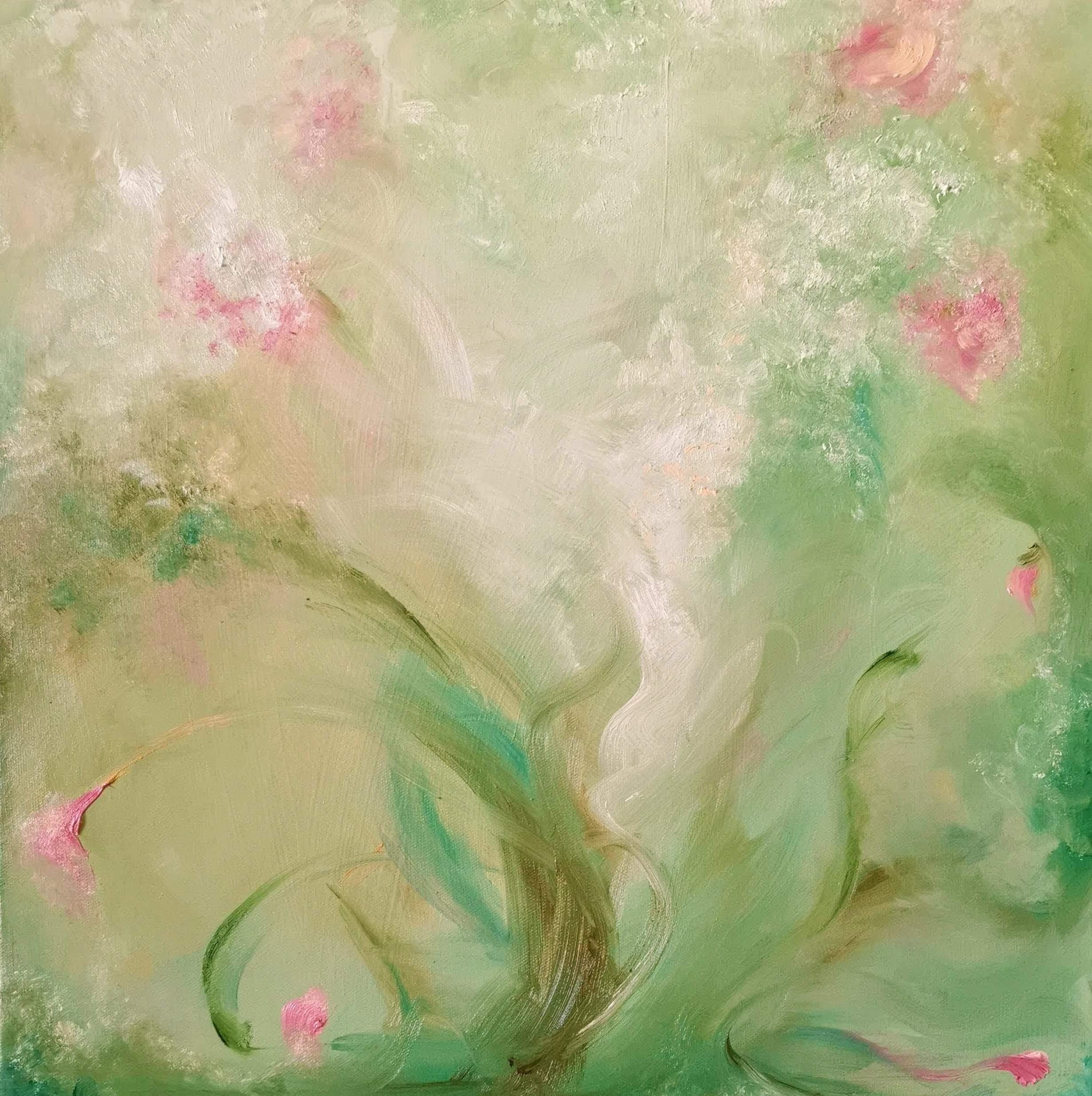 Jennifer L. Baker Abstract Painting - A most verdant spring - Whimsical green and pink abstract painting