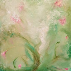 A most verdant spring - Whimsical green and pink abstract painting
