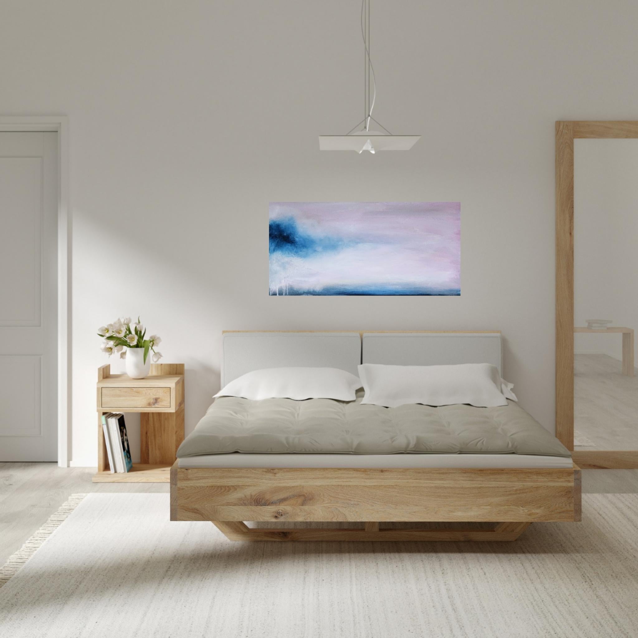 Un sottile richiamo della natura selvaggia - Quadro di paesaggio astratto rosa e blu tenue in vendita 5