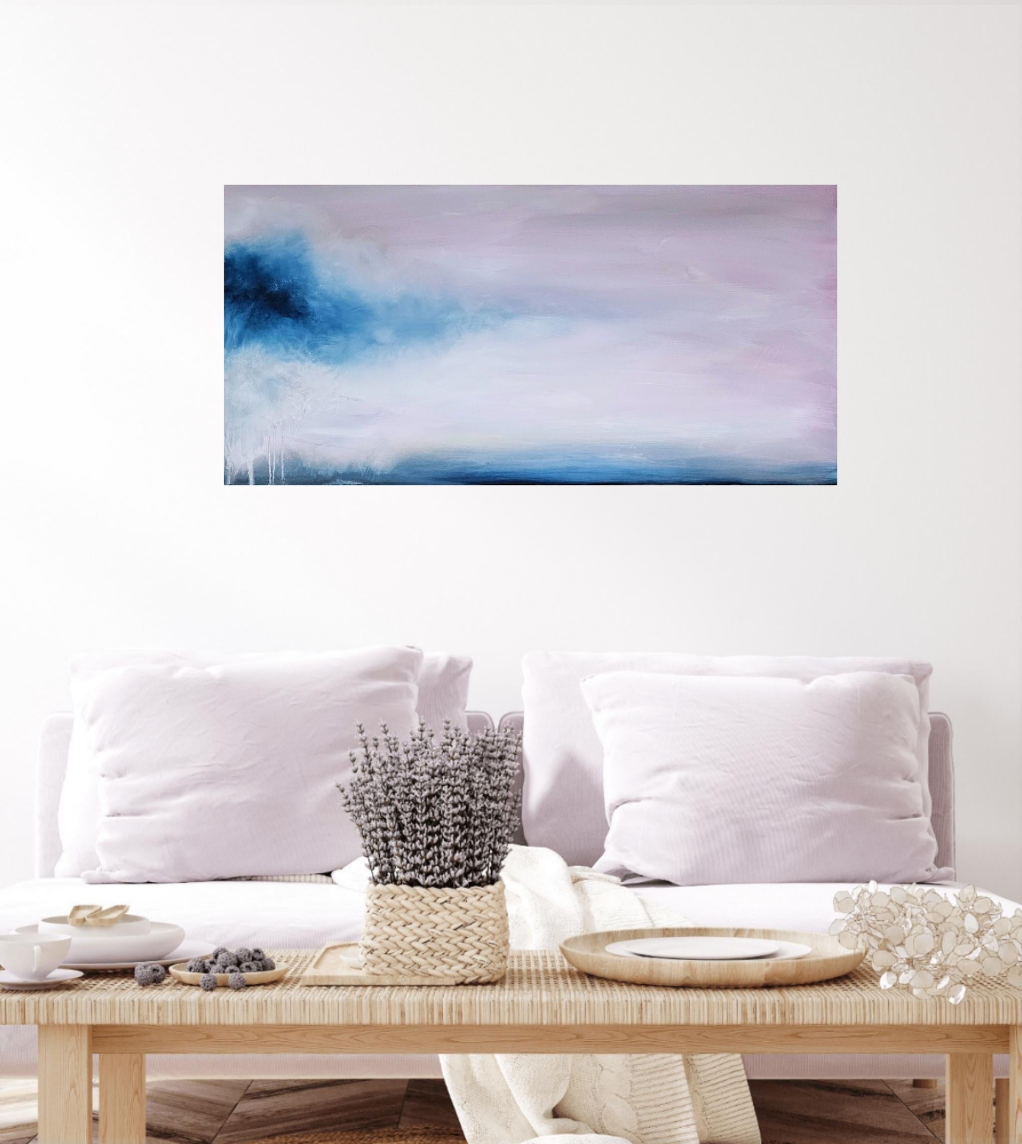 Un sottile richiamo della natura selvaggia - Quadro di paesaggio astratto rosa e blu tenue in vendita 6