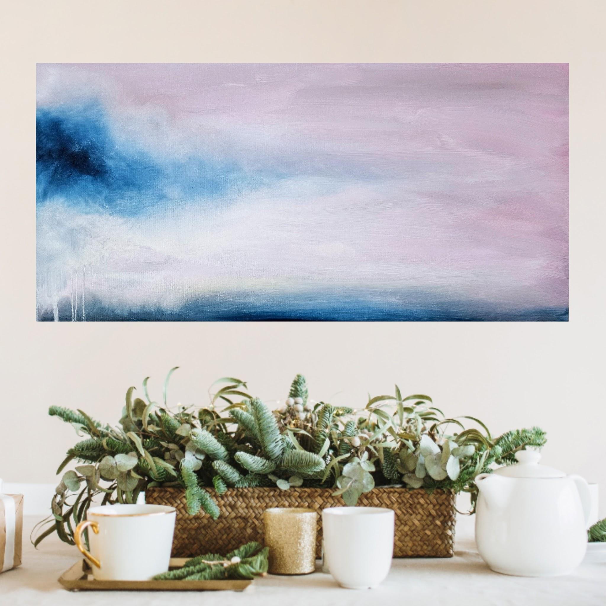 Un sottile richiamo della natura selvaggia - Quadro di paesaggio astratto rosa e blu tenue in vendita 1
