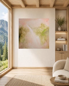 Abstrakte Landschaftsmalerei in Pfirsich und Grün, signiert, 100 cm