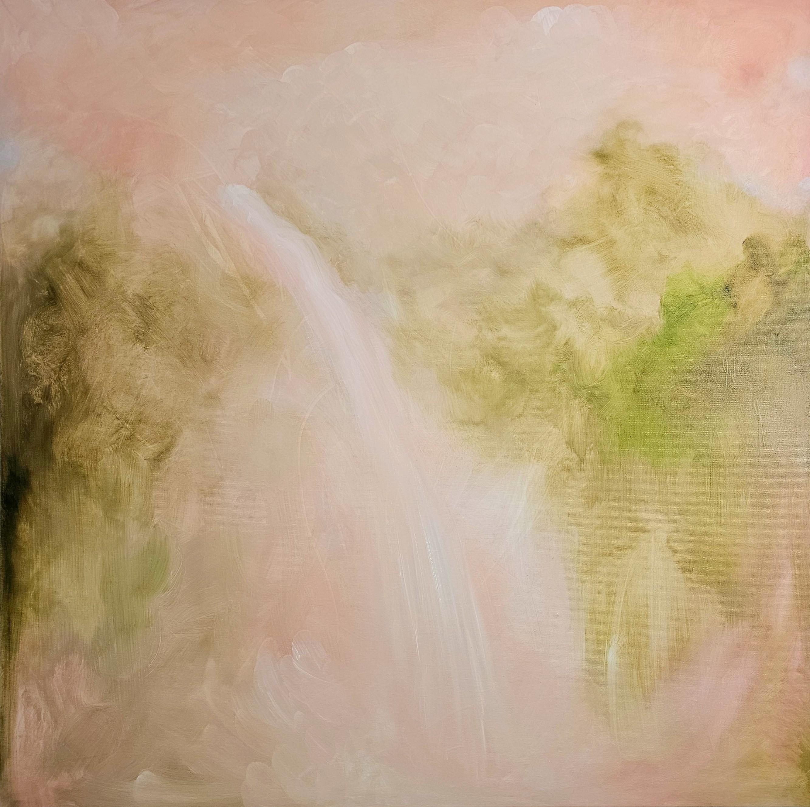 Abstract Landscape Painting in Peach and Green, Signed, 100cm