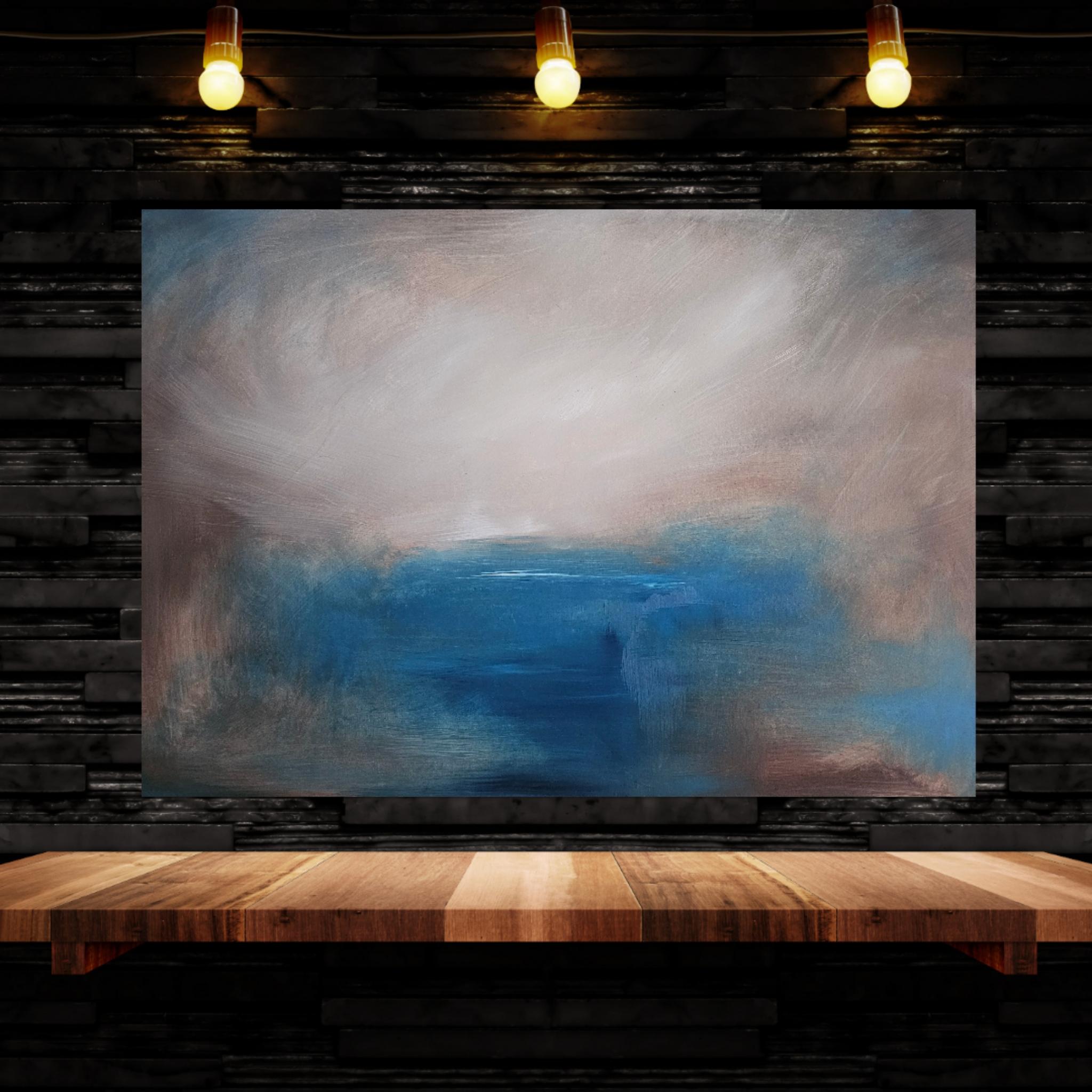 All that I am leaving behind - Stormy blue abstract landscape painting - Painting by Jennifer L. Baker