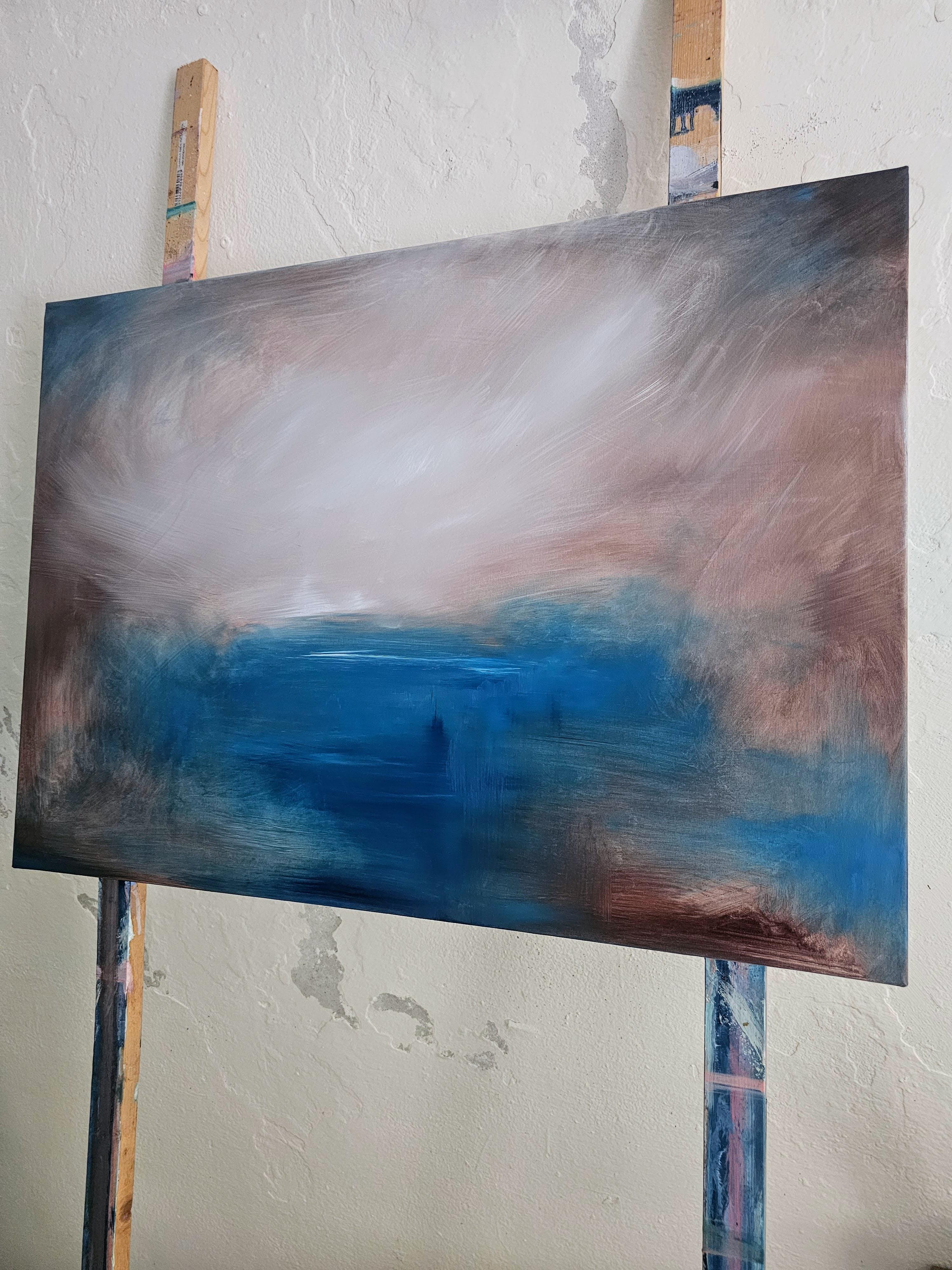 All that I am leaving behind - Stormy blue abstract landscape painting - Contemporary Painting by Jennifer L. Baker