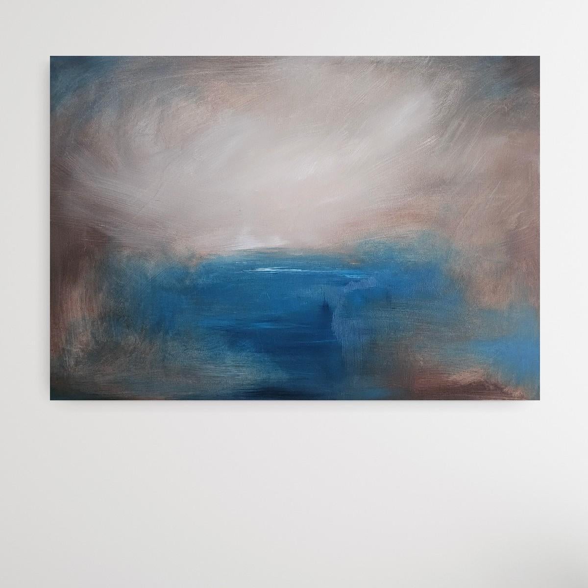 All that I am leaving behind - Stormy blue abstract landscape painting - Gray Abstract Painting by Jennifer L. Baker