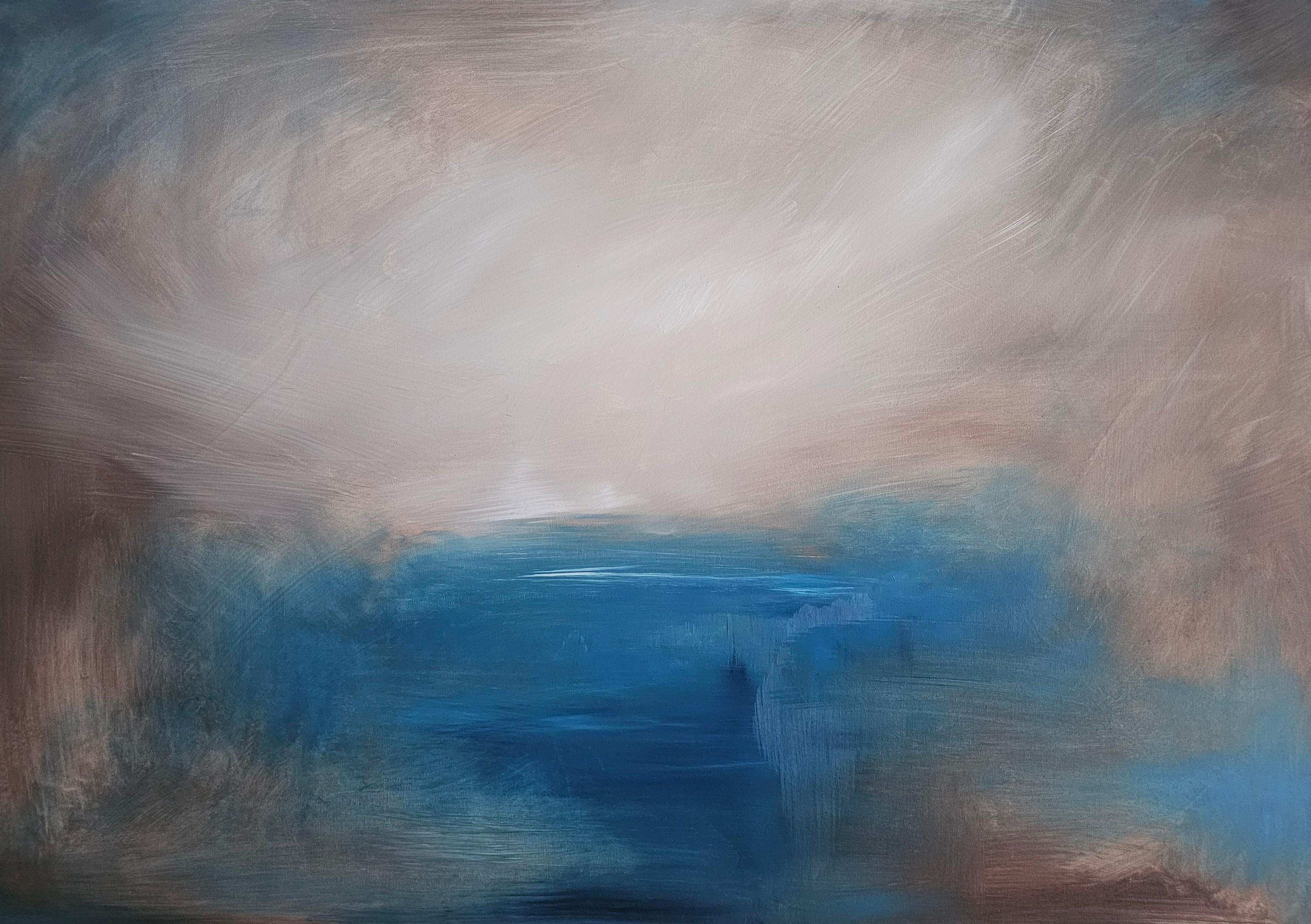 Jennifer L. Baker Abstract Painting - All that I am leaving behind - Stormy blue abstract landscape painting