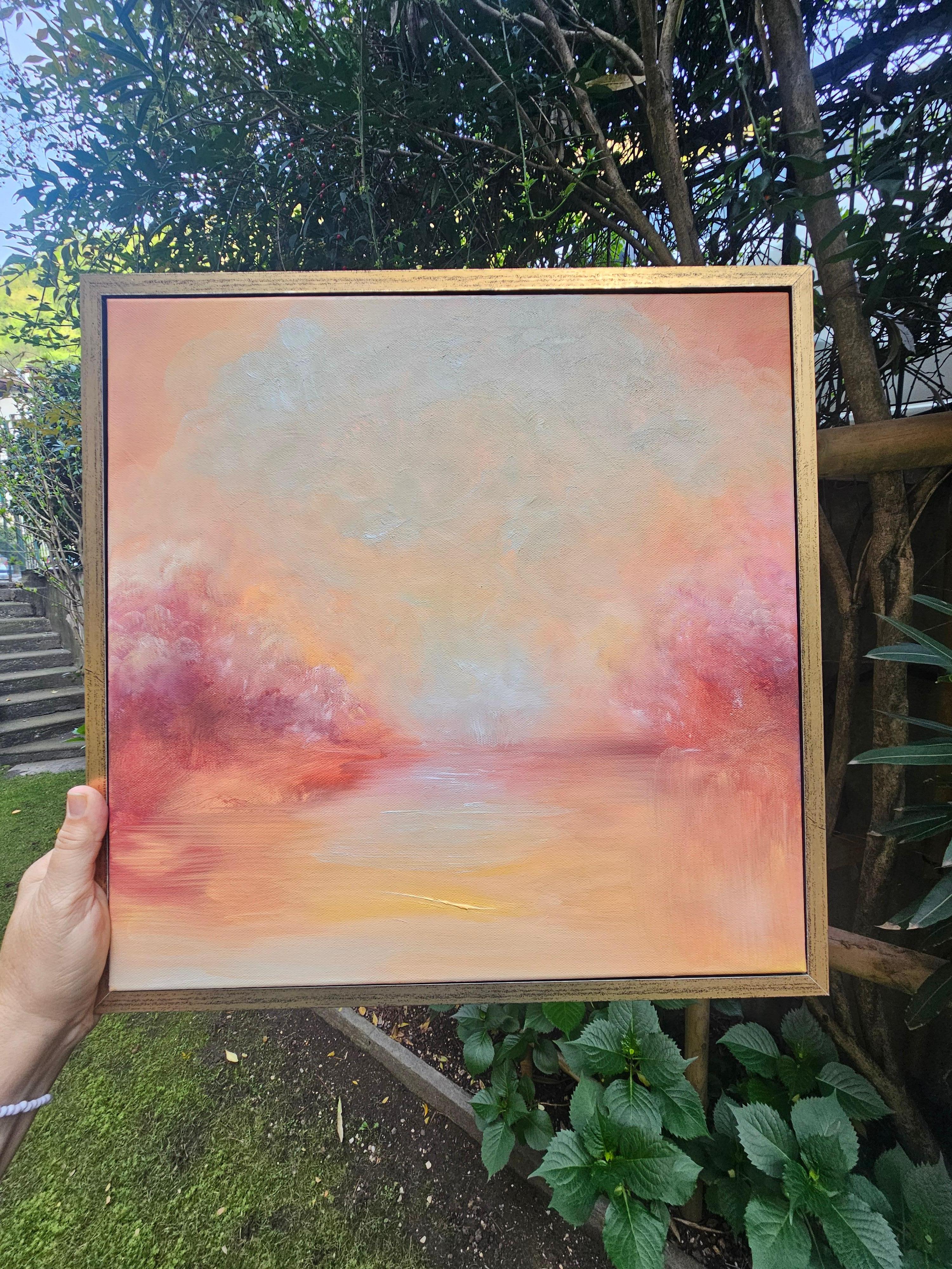 E poi c'era la luce - Quadro astratto di paesaggio al tramonto color oro e arancio - Painting di Jennifer L. Baker