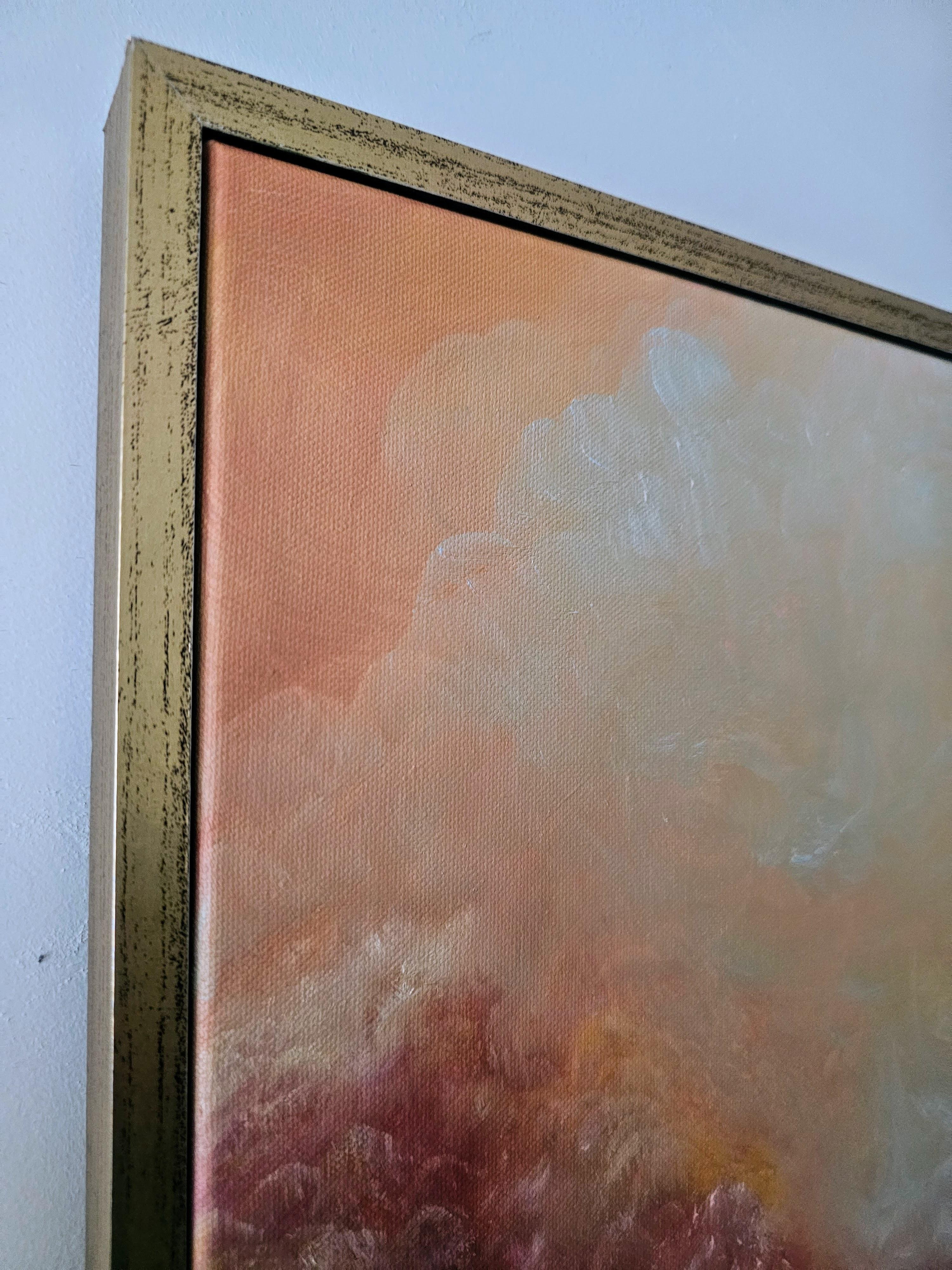 Und dann war da noch das Licht - Abstraktes Landschaftsgemälde in Gold und Orange bei Sonnenuntergang (Abstrakter Impressionismus), Painting, von Jennifer L. Baker