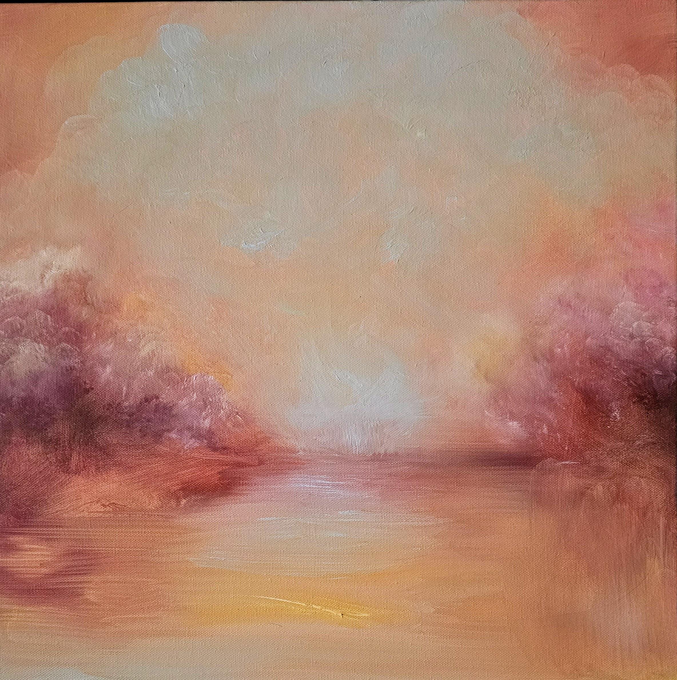 Jennifer L. Baker Landscape Painting - And then there was light - Abstract gold and orange sunset landscape painting