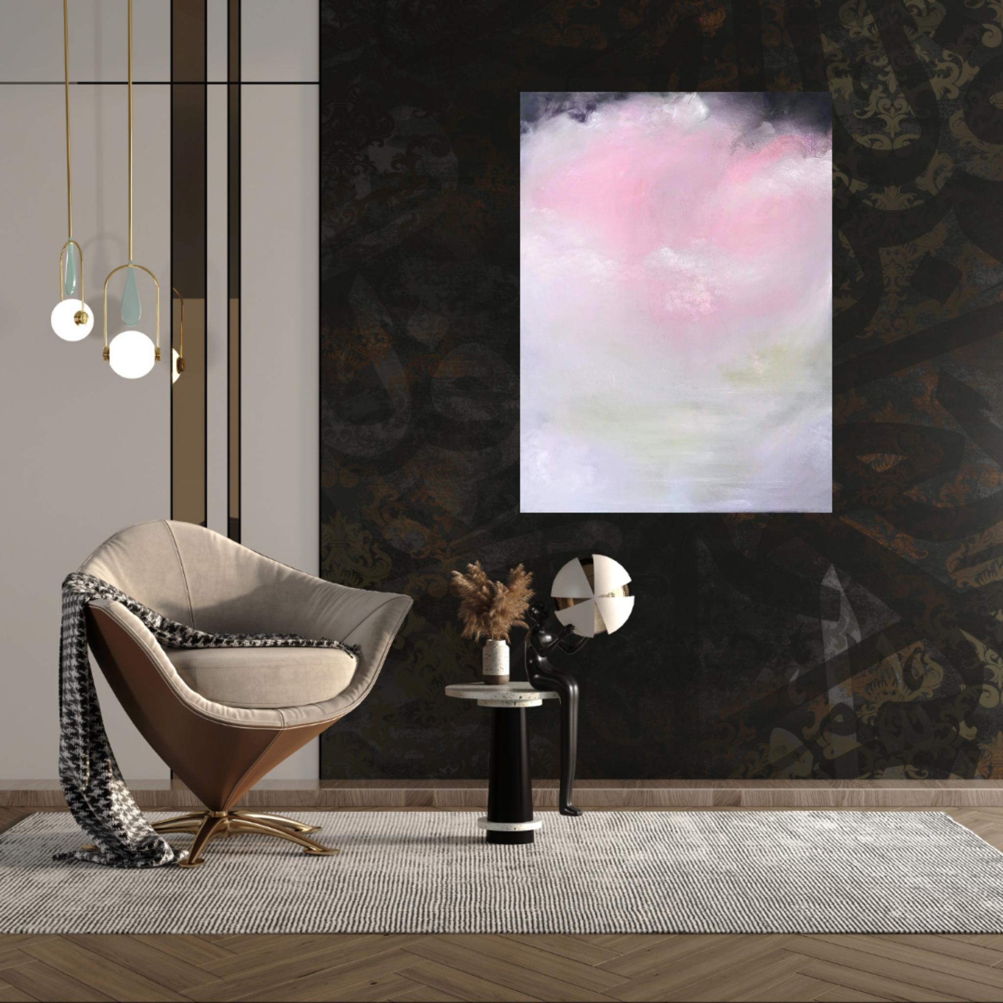 Aura Pure - Grande peinture abstraite rose tendre au pastel en vente 2