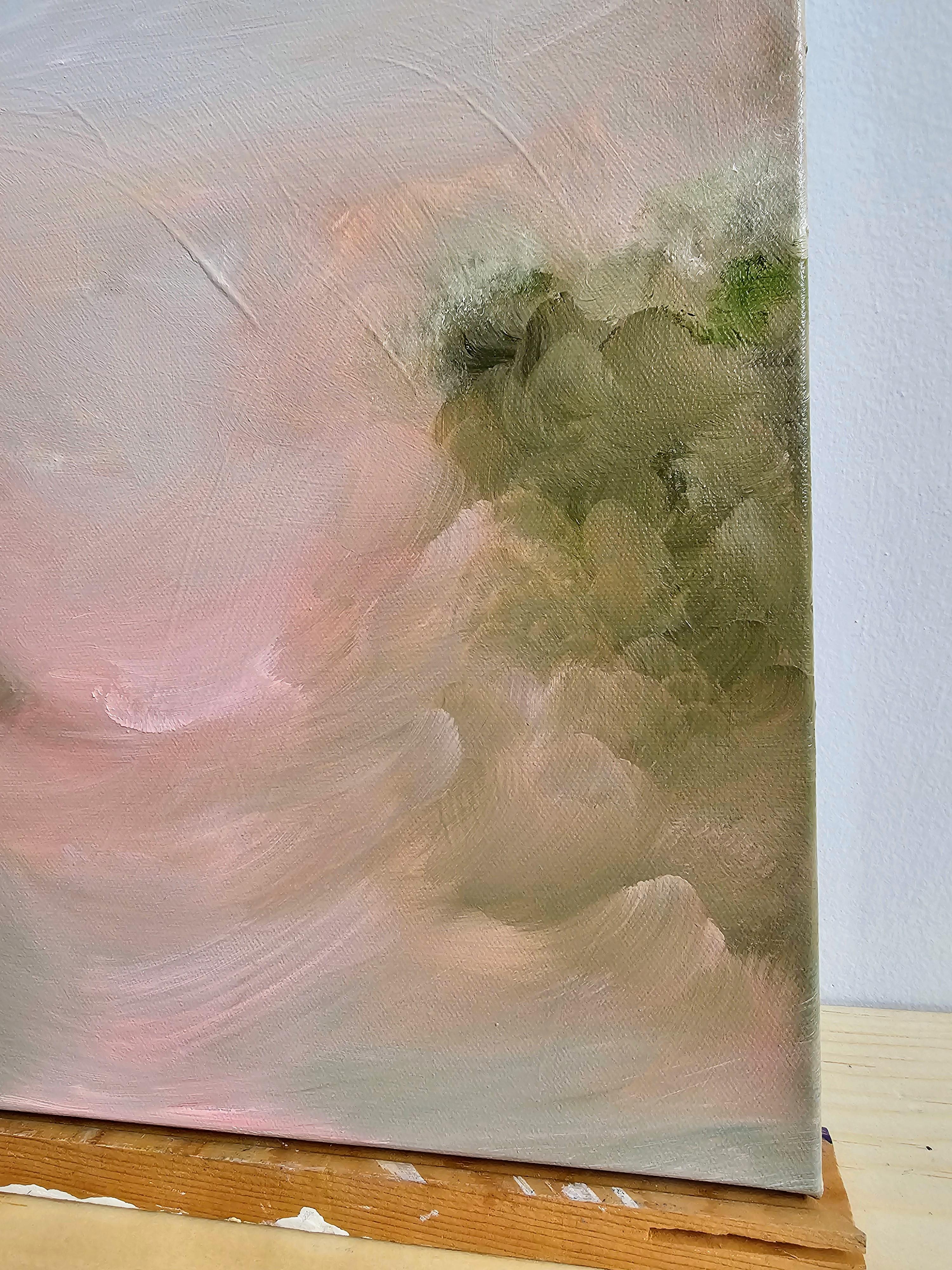 Autumn Lullaby - Verträumte Herbst abstrakte Landschaft Sonnenuntergang Gemälde (Grau), Landscape Painting, von Jennifer L. Baker