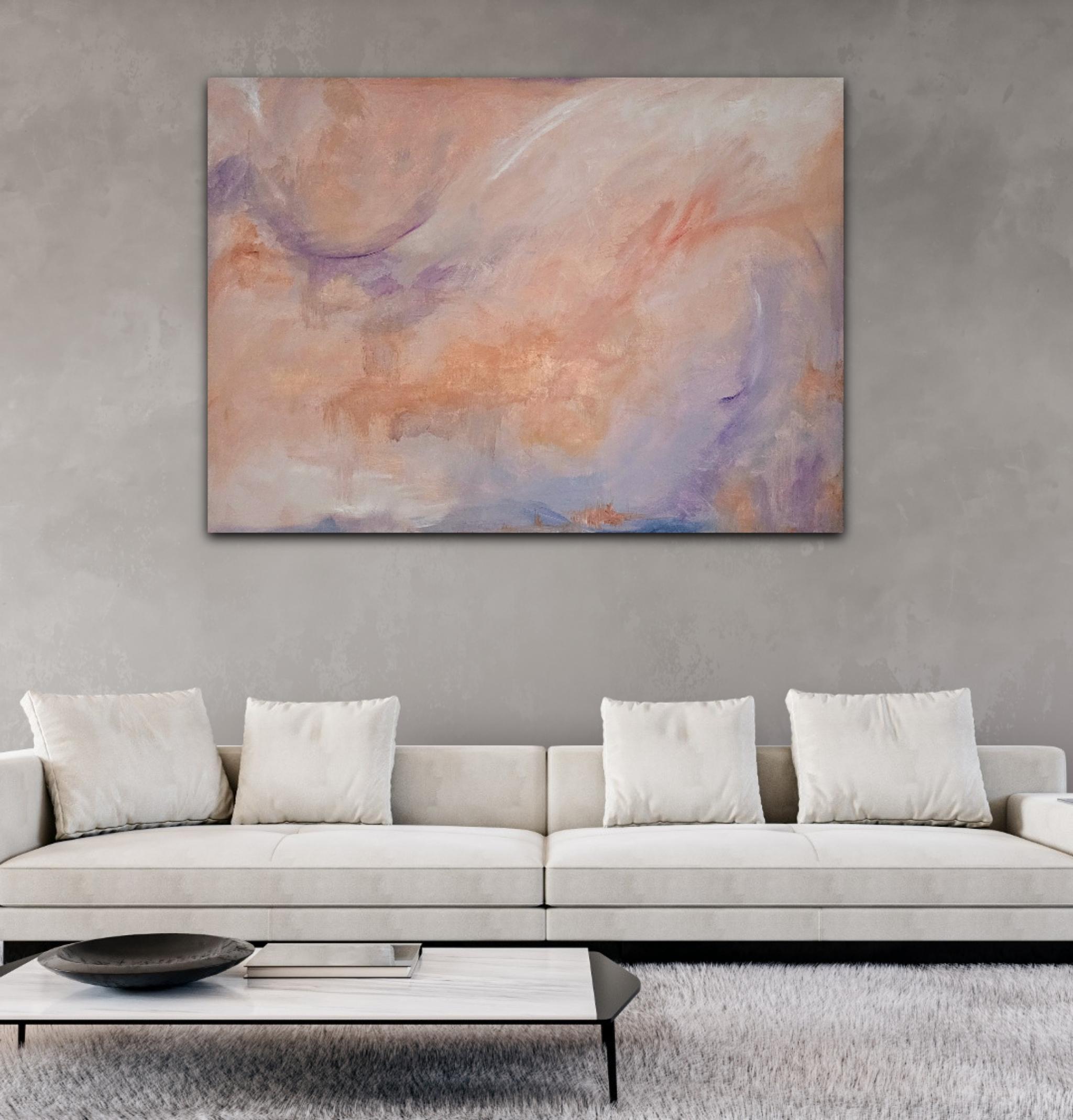 Avalon - Large tranquil peach color abstract painting For Sale 5