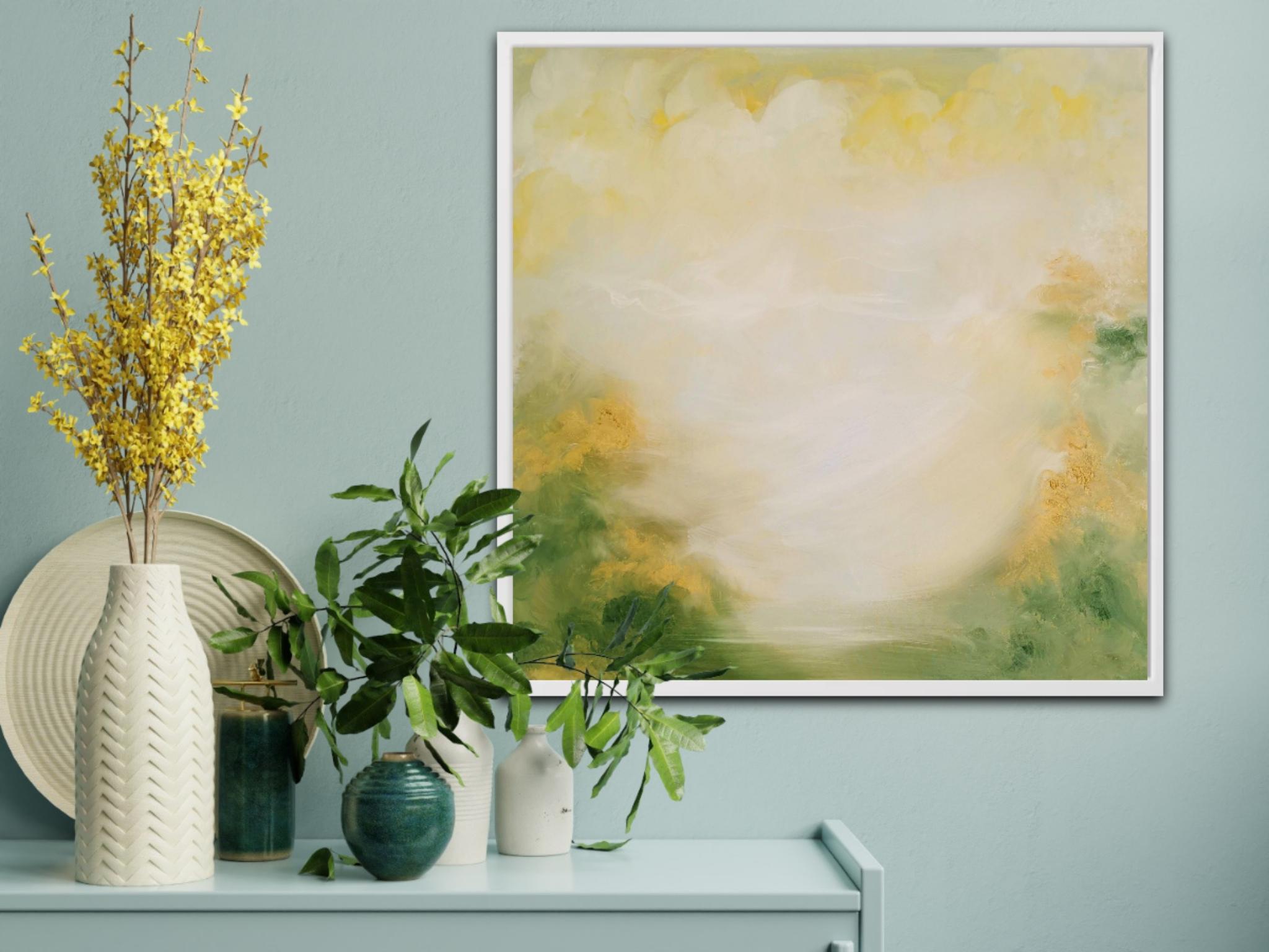 Born in spring - Soft green and gold abstract landscape painting For Sale 5