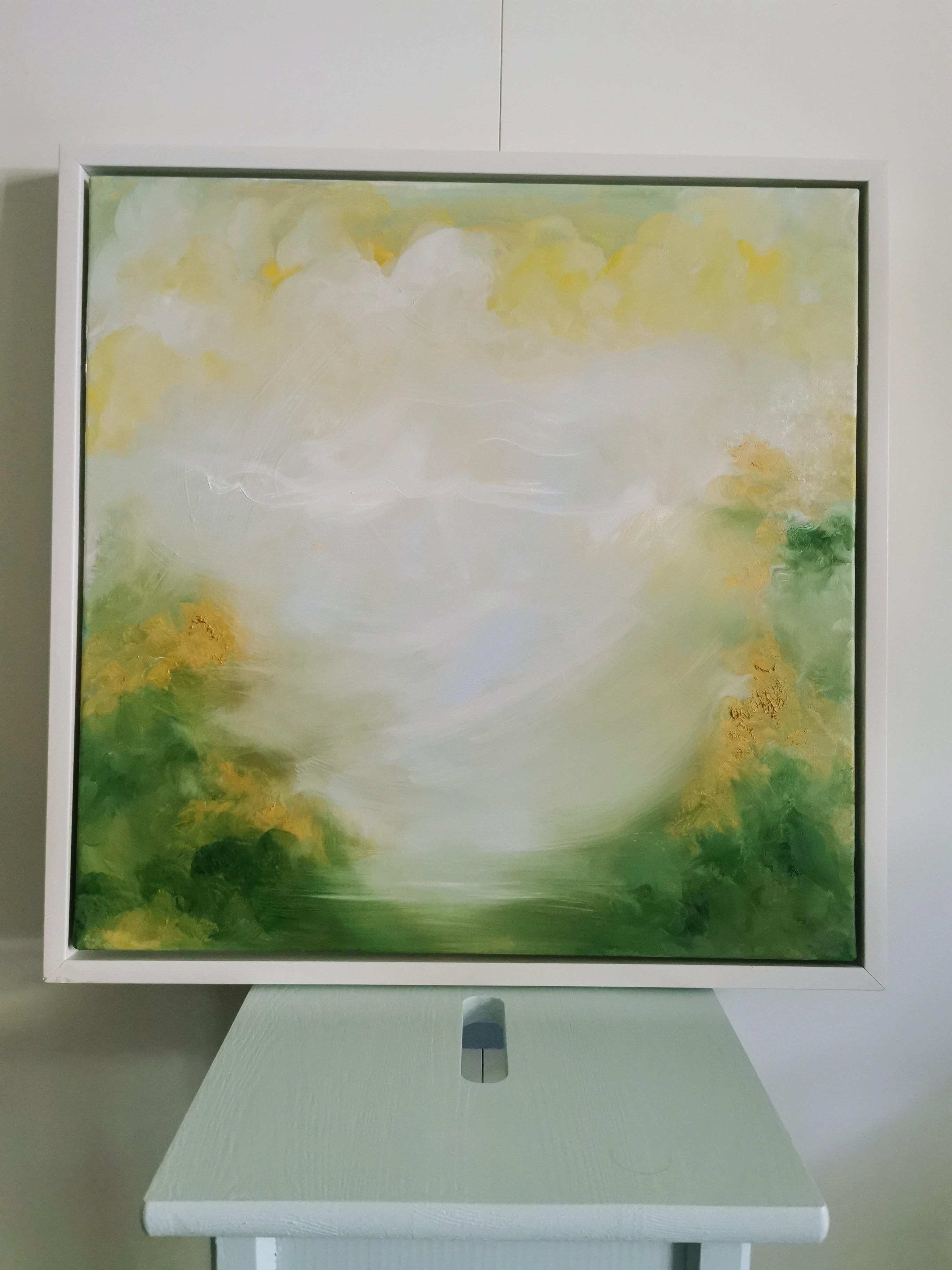 Born in spring - Soft green and gold abstract landscape painting For Sale 6