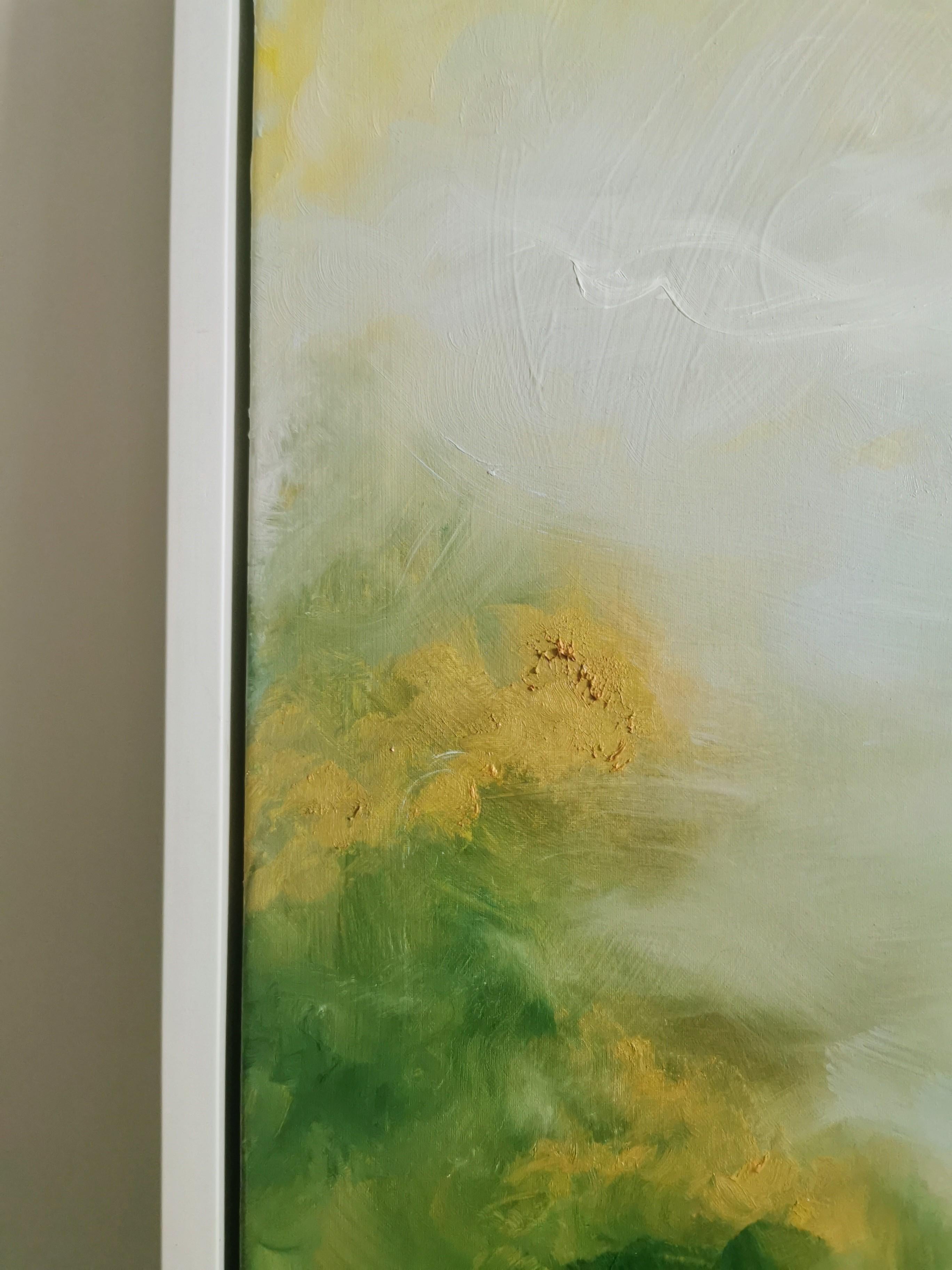 Nata in primavera - Quadro astratto di paesaggio in verde tenue e oro in vendita 7