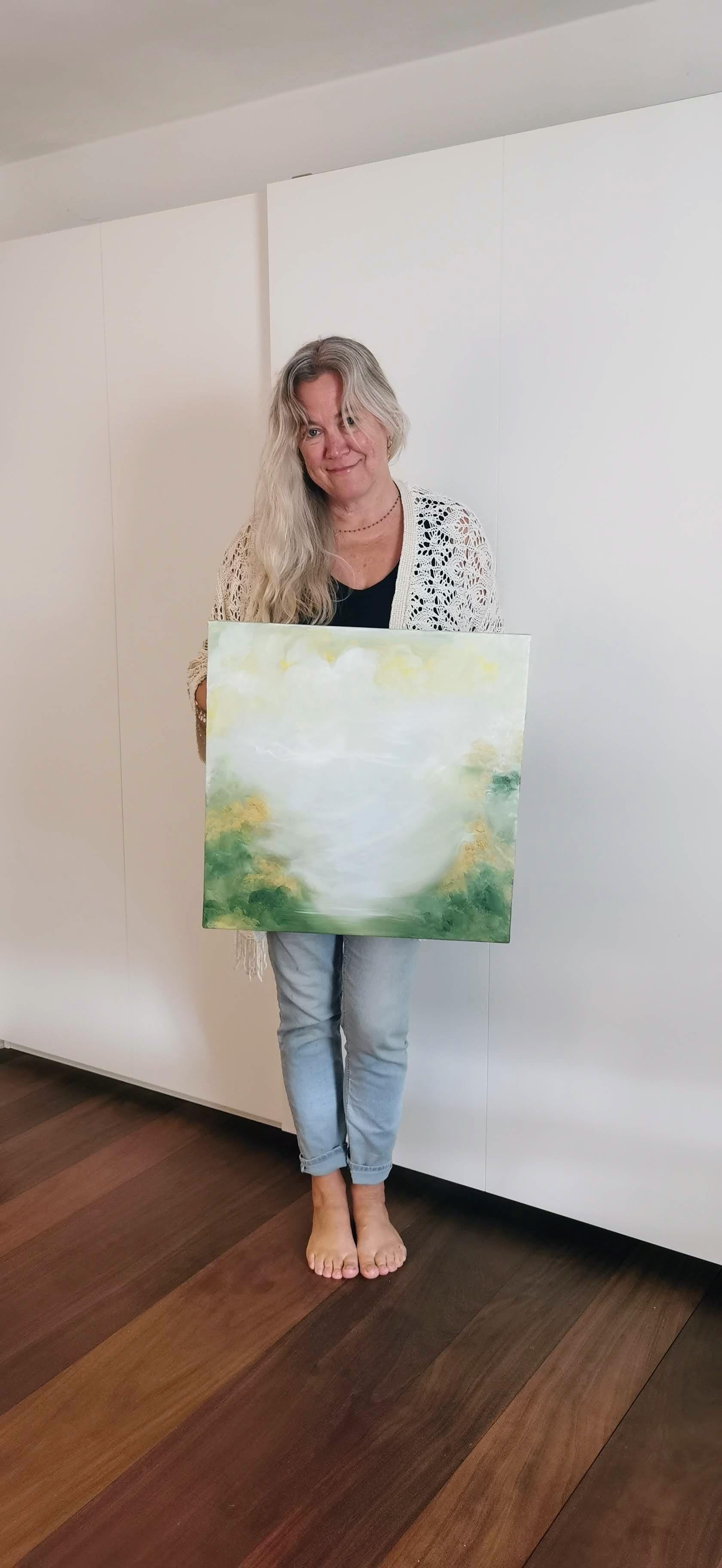 Nata in primavera - Quadro astratto di paesaggio in verde tenue e oro in vendita 8