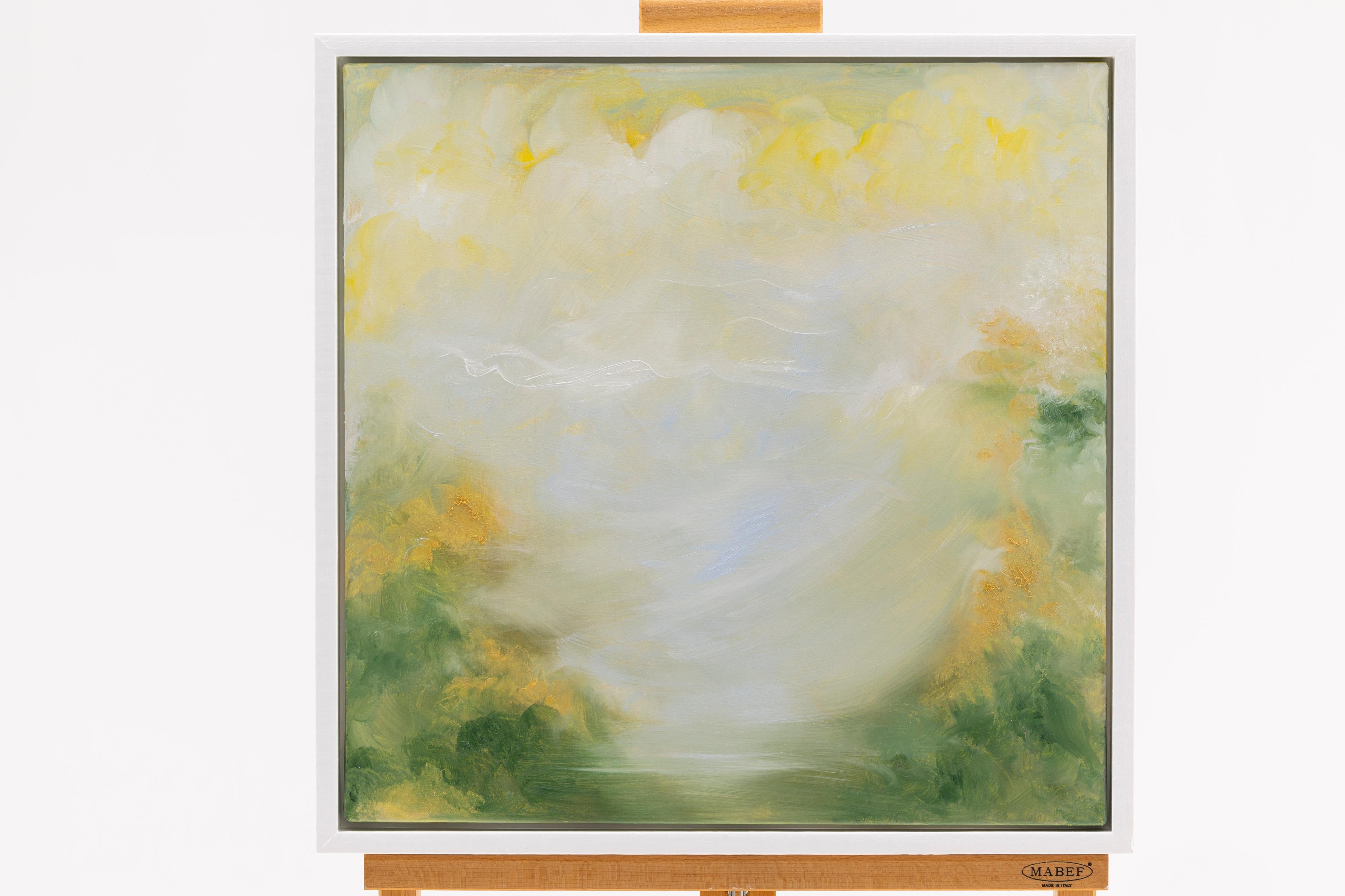 Nata in primavera - Quadro astratto di paesaggio in verde tenue e oro - Painting di Jennifer L. Baker