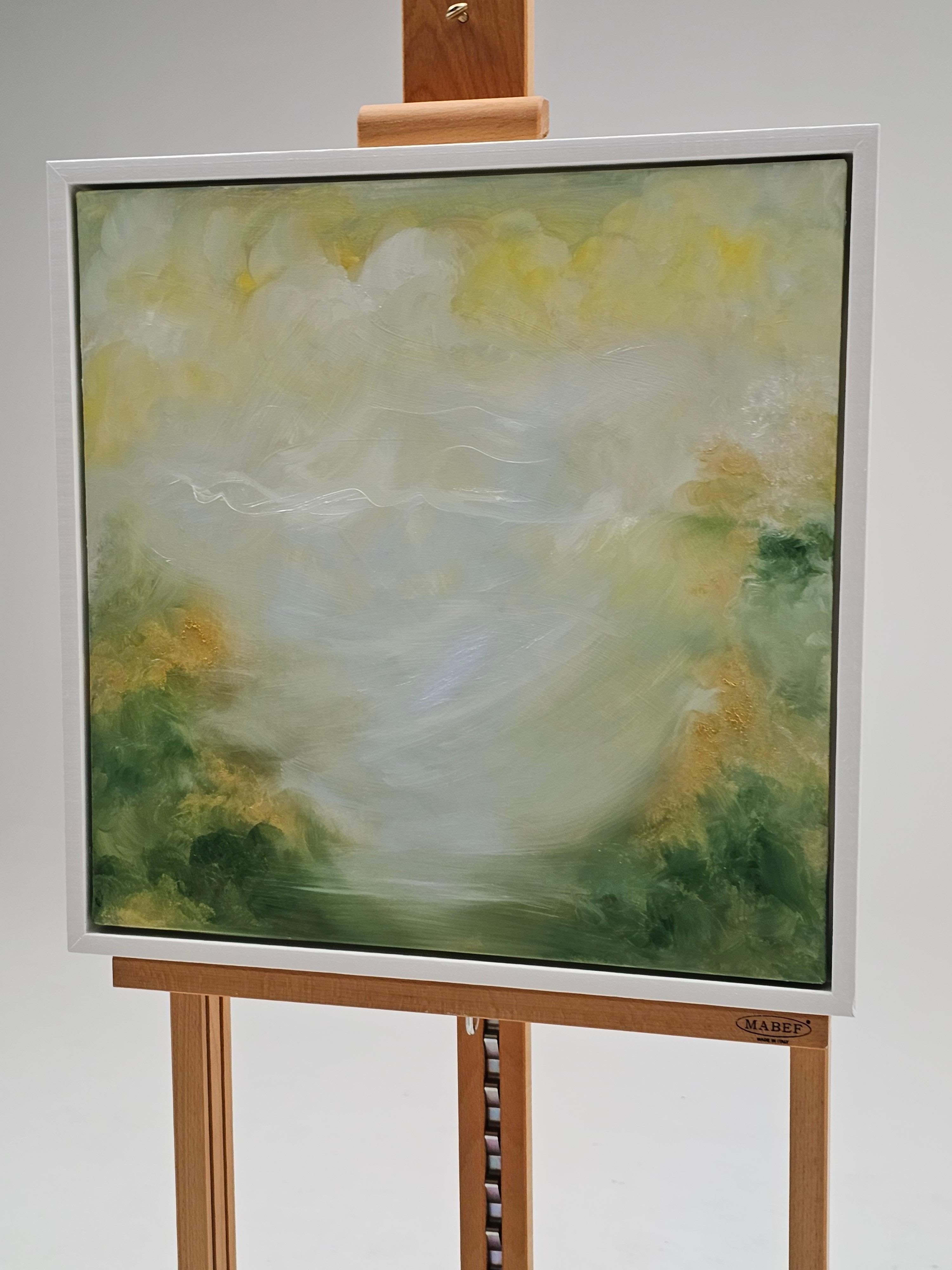 Nata in primavera - Quadro astratto di paesaggio in verde tenue e oro - Painting Contemporaneo di Jennifer L. Baker