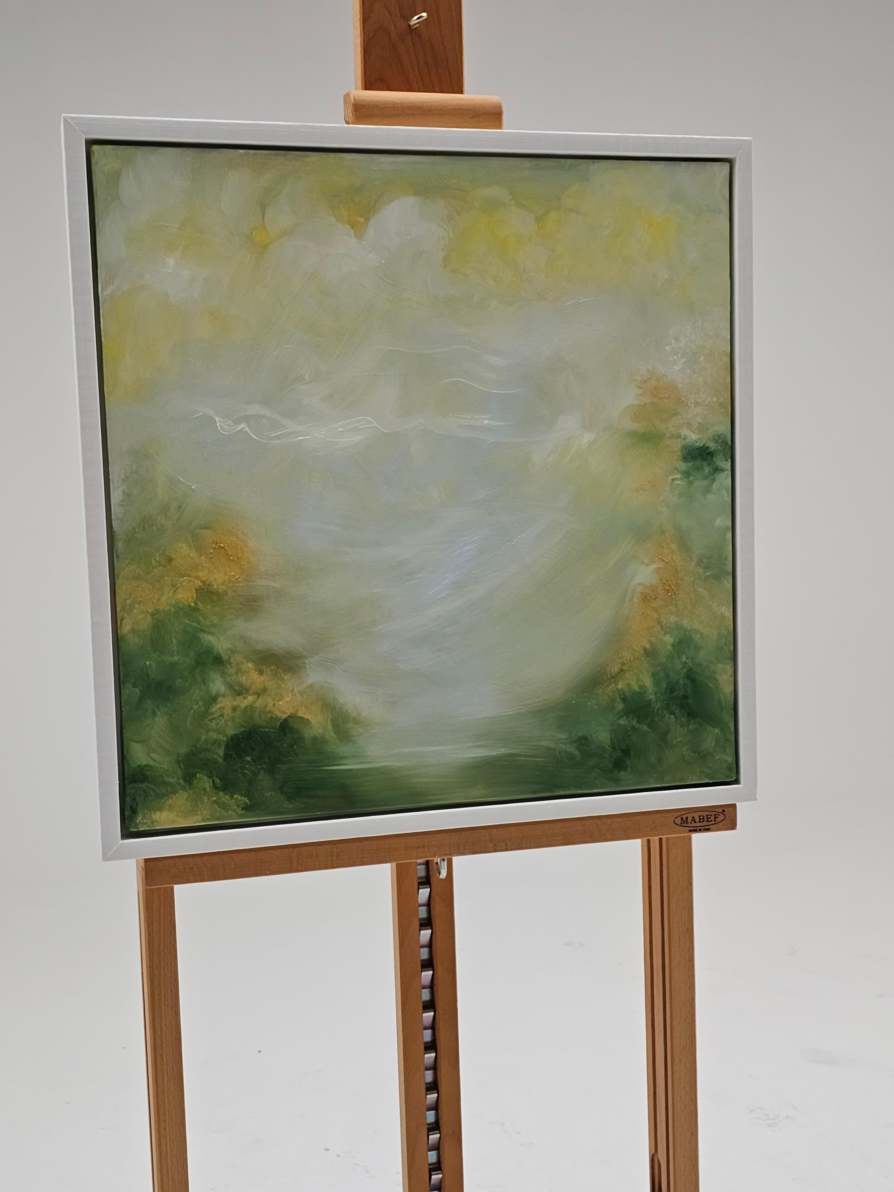 Nata in primavera - Quadro astratto di paesaggio in verde tenue e oro - Abstract Painting Beige di Jennifer L. Baker