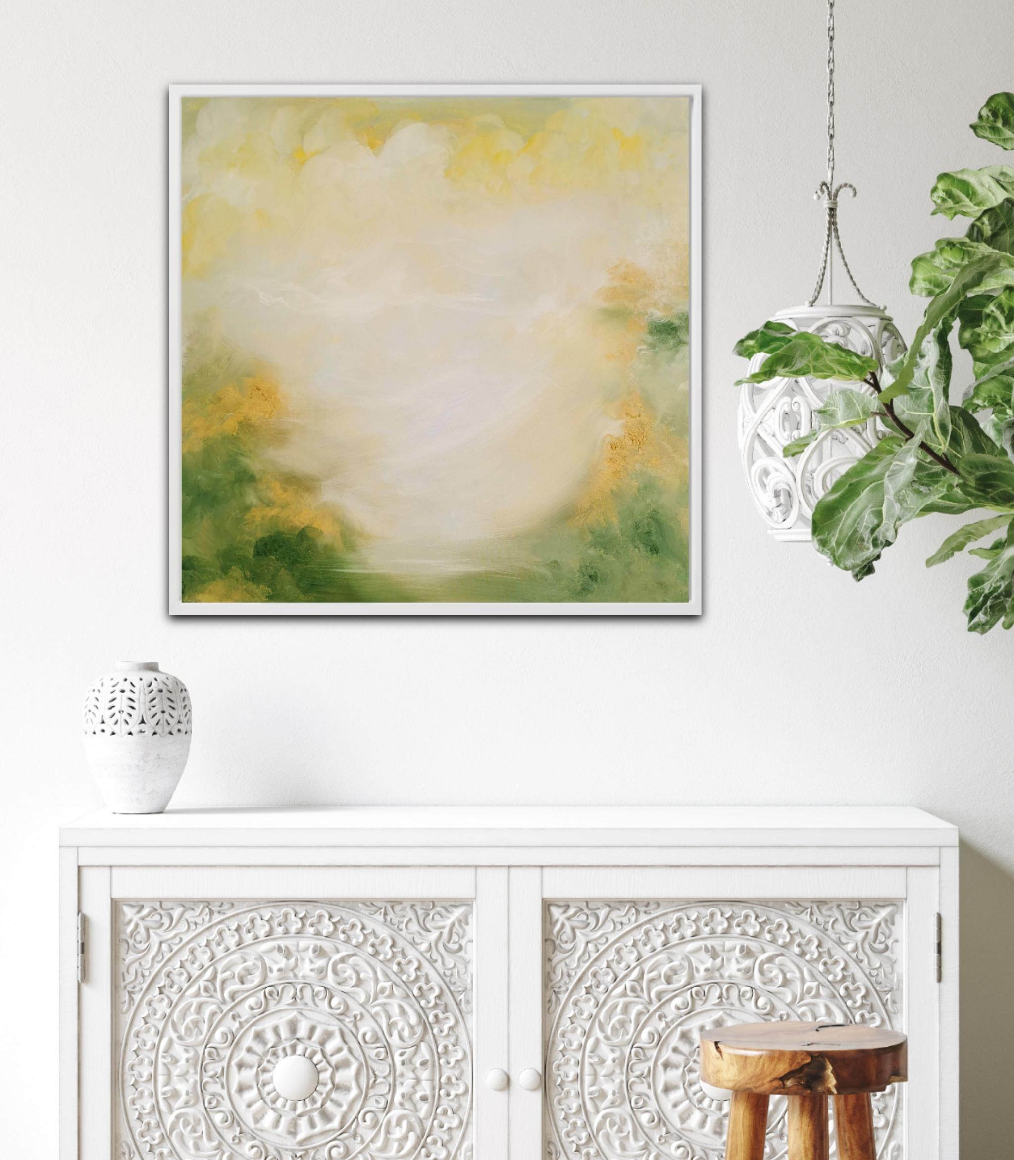 Nata in primavera - Quadro astratto di paesaggio in verde tenue e oro in vendita 2