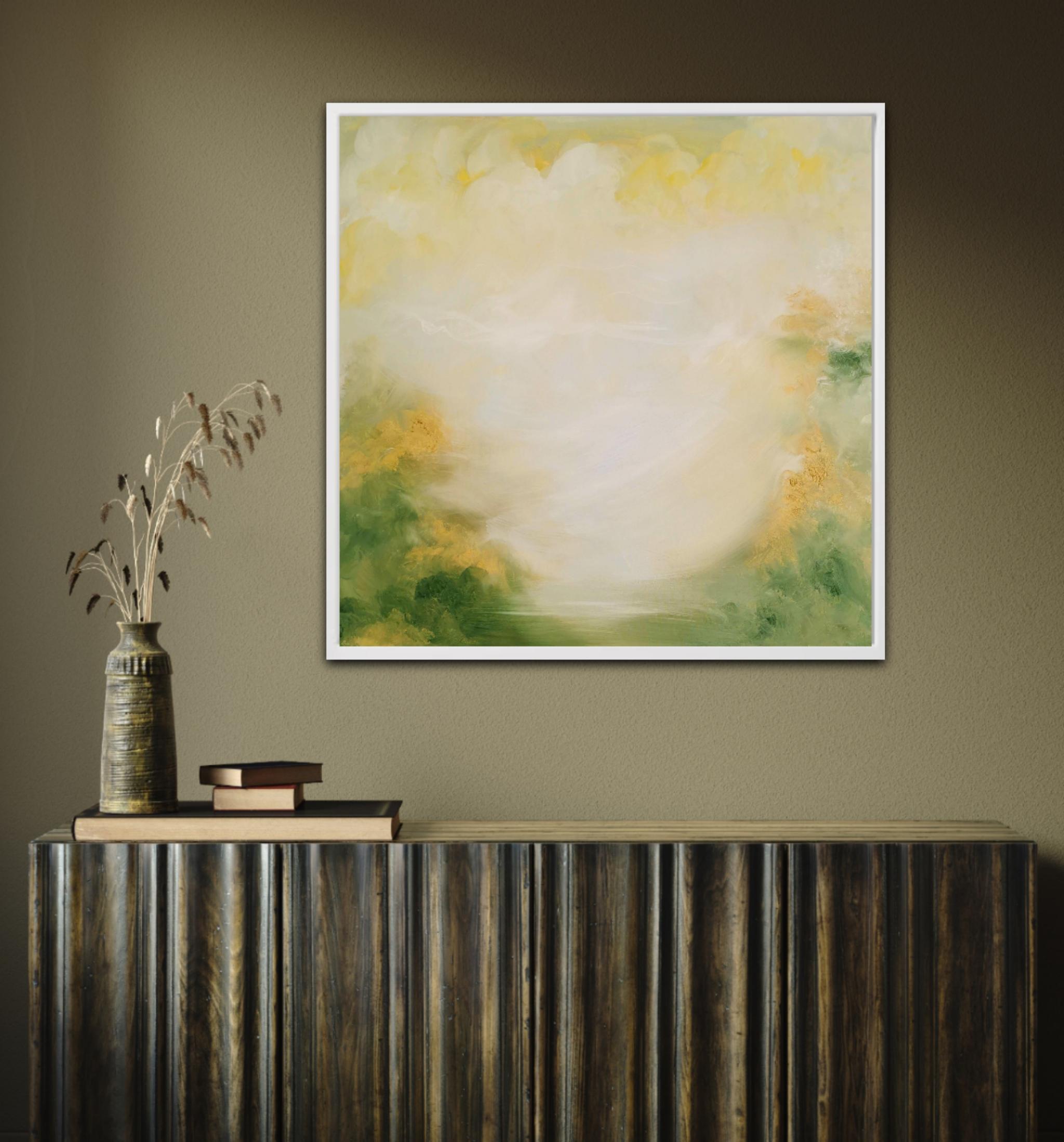 Born in spring - Soft green and gold abstract landscape painting For Sale 3