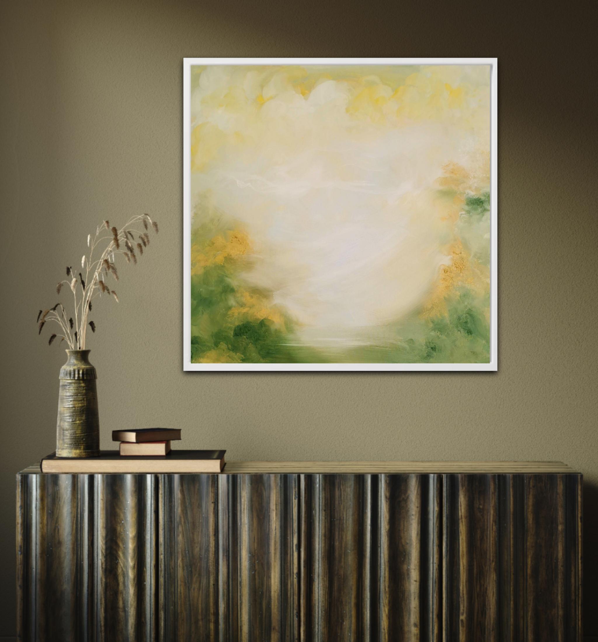 Nata in primavera - Quadro astratto di paesaggio in verde tenue e oro in vendita 3