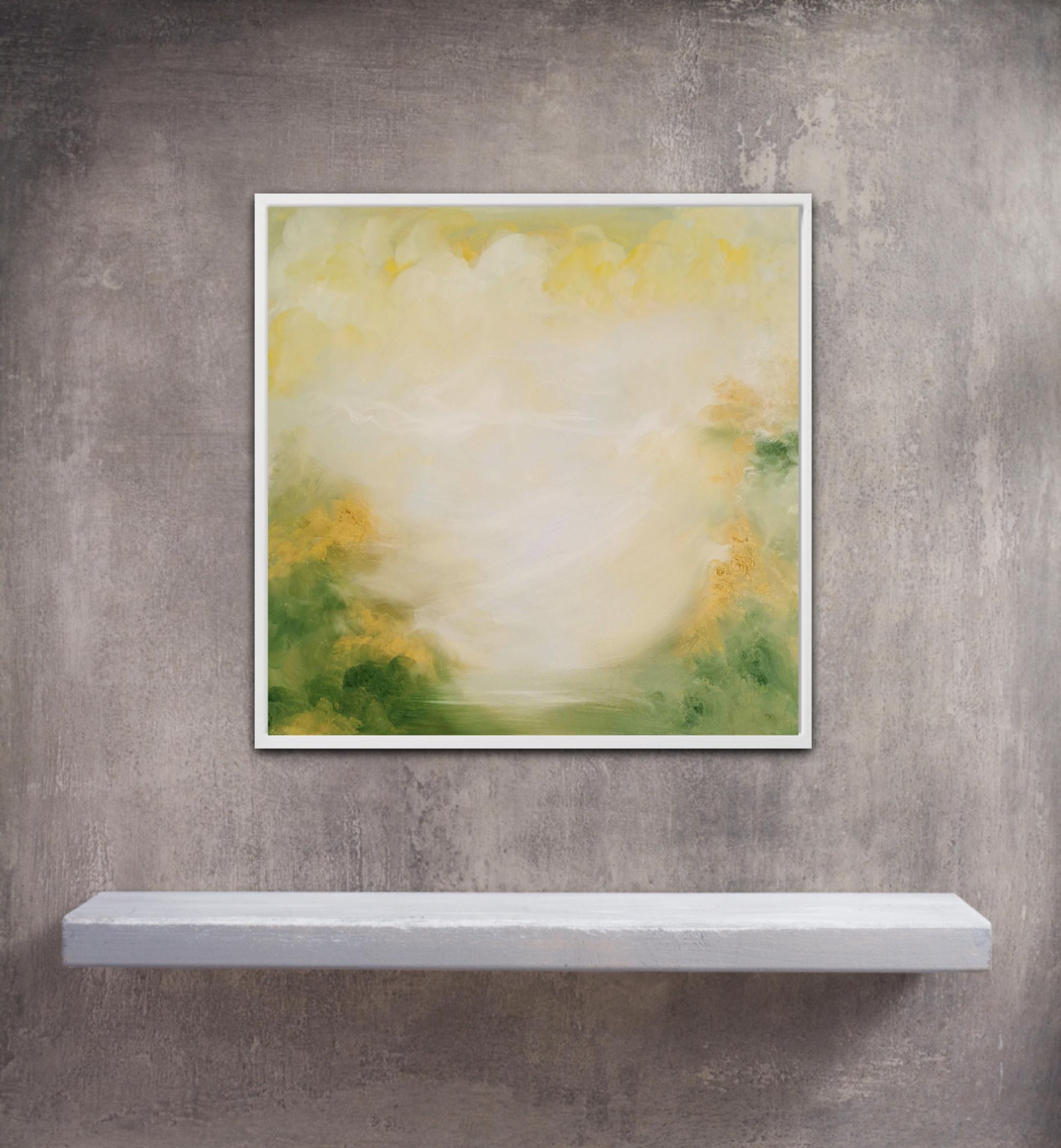 Born in spring - Soft green and gold abstract landscape painting For Sale 4