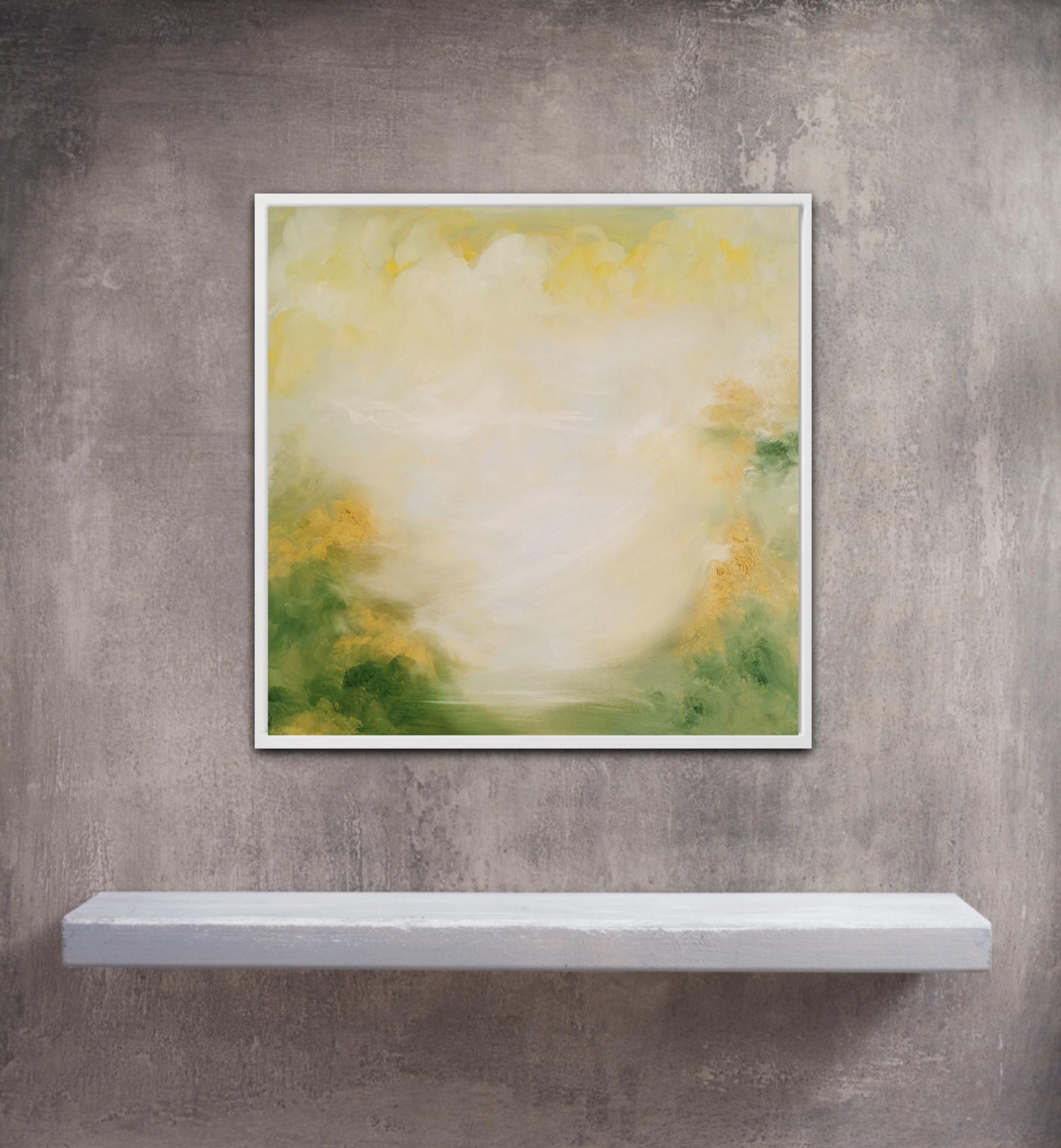 Nata in primavera - Quadro astratto di paesaggio in verde tenue e oro in vendita 4
