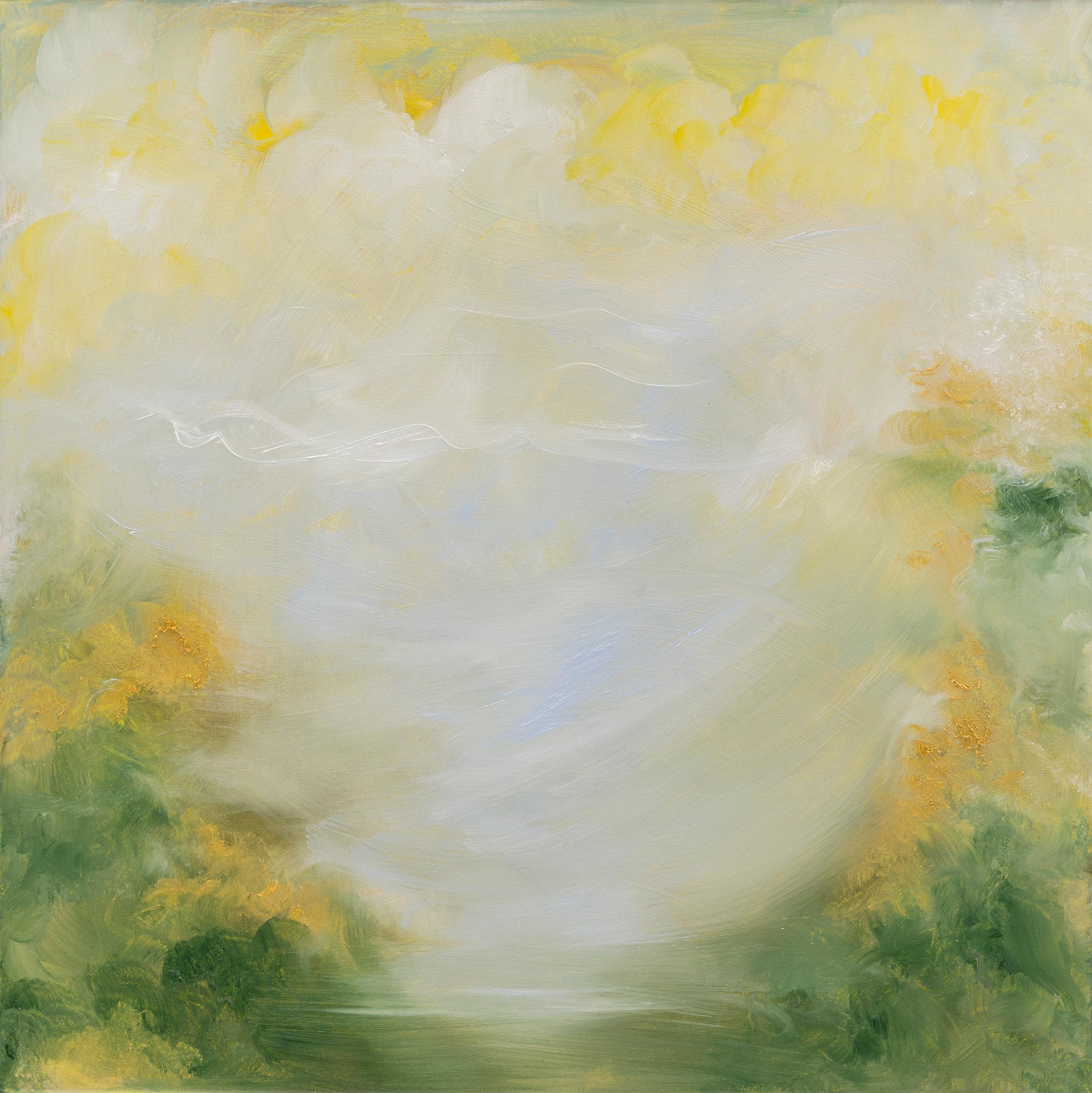 Jennifer L. Baker Landscape Painting - Born in spring - Soft green and gold abstract landscape painting