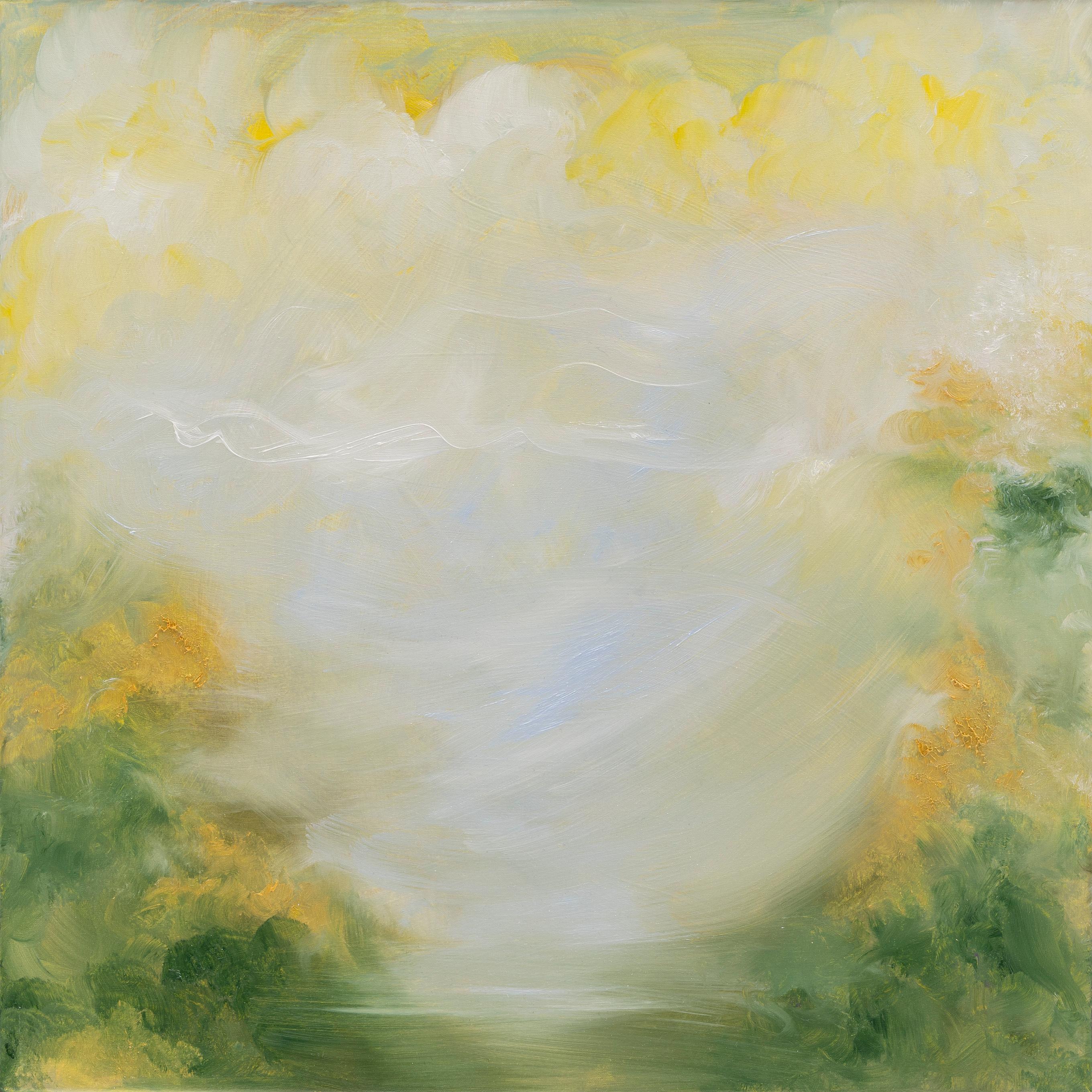 Abstract Painting di Jennifer L. Baker - Nata in primavera - Quadro astratto di paesaggio in verde tenue e oro