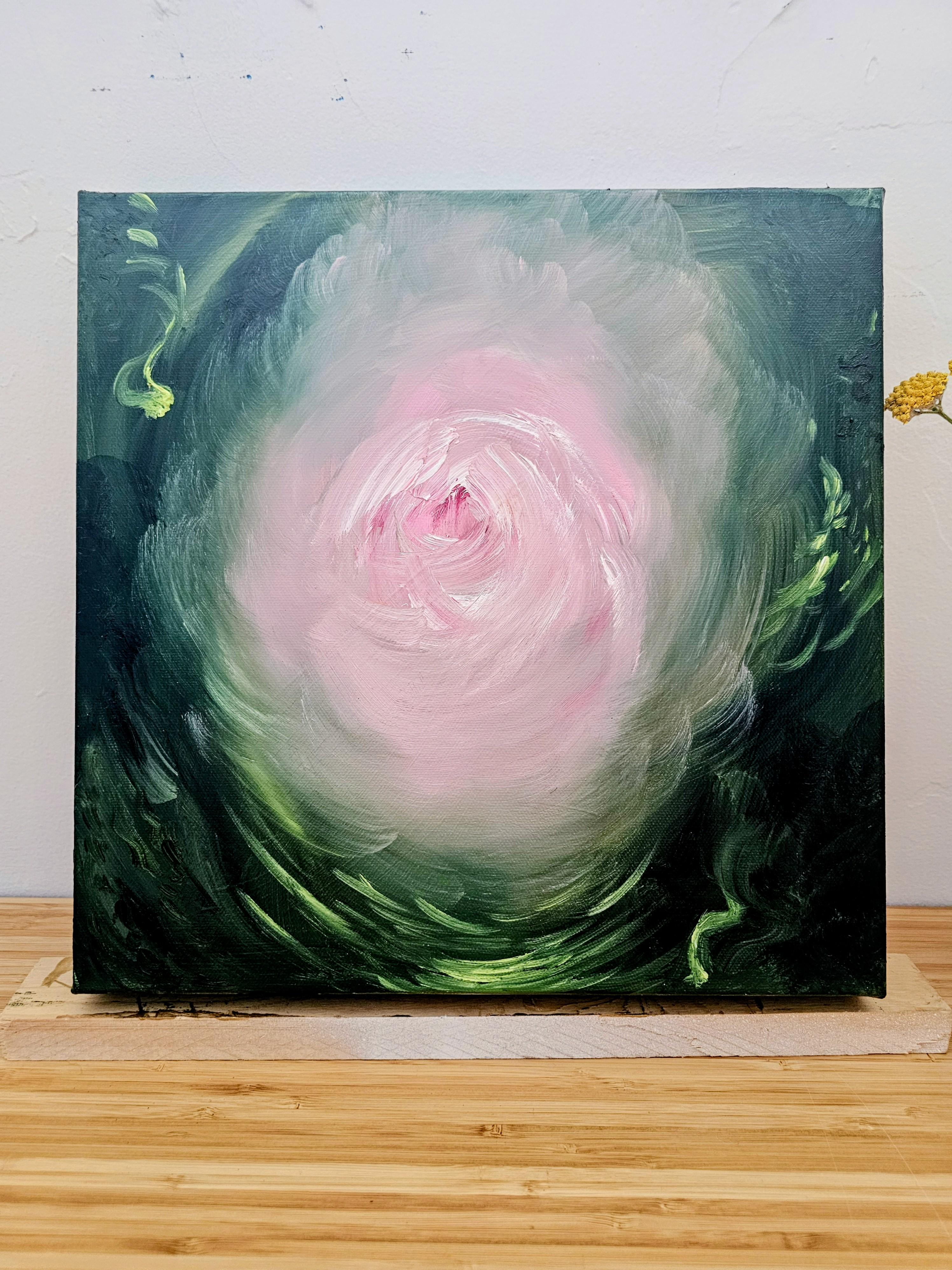 Camellia - Vibrant green and pink expressionist abstract floral painting - Painting by Jennifer L. Baker