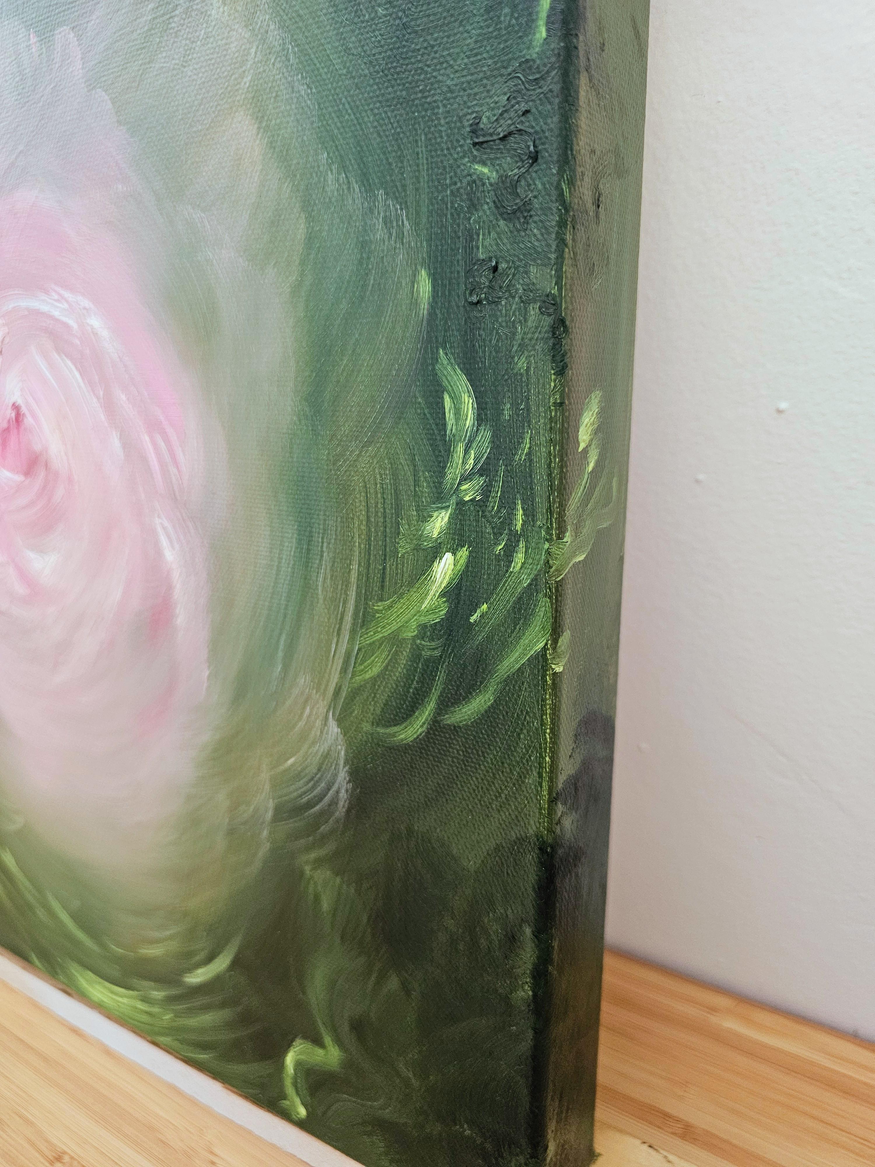 Camellia - Vibrant green and pink expressionist abstract floral painting - Expressionist Painting by Jennifer L. Baker