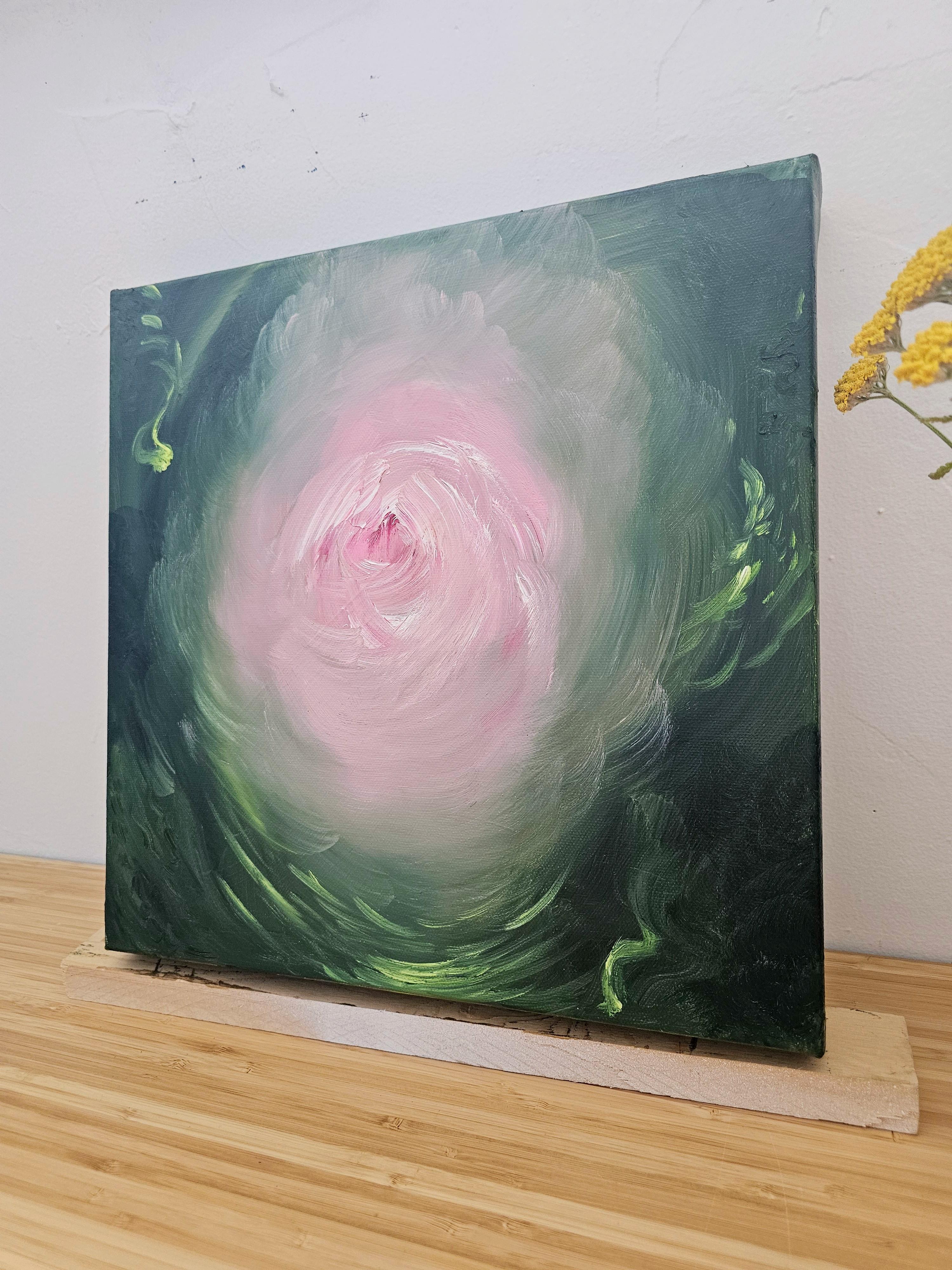 Camellia - Vibrant green and pink expressionist abstract floral painting - Black Abstract Painting by Jennifer L. Baker