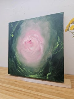 Camelia - Pintura floral abstracta expresionista verde y rosa vibrante