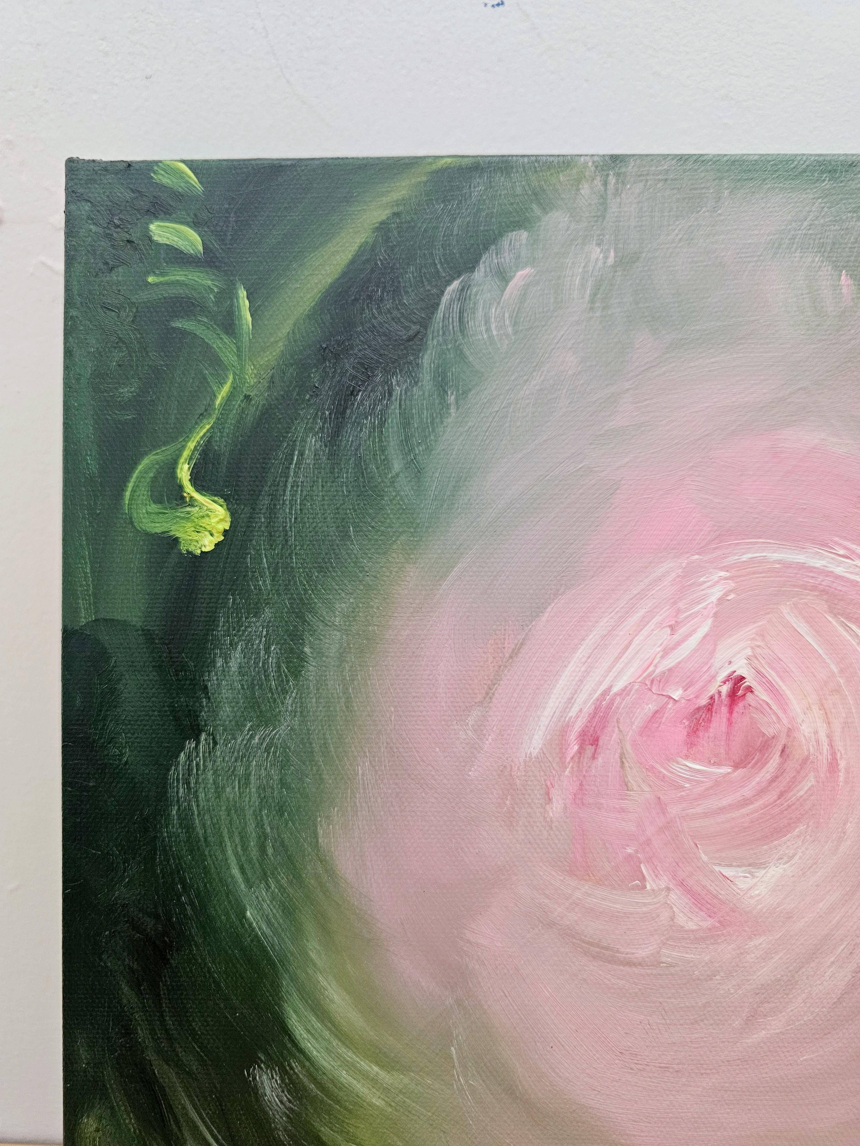 Camellia - Vibrant green and pink expressionist abstract floral painting For Sale 1
