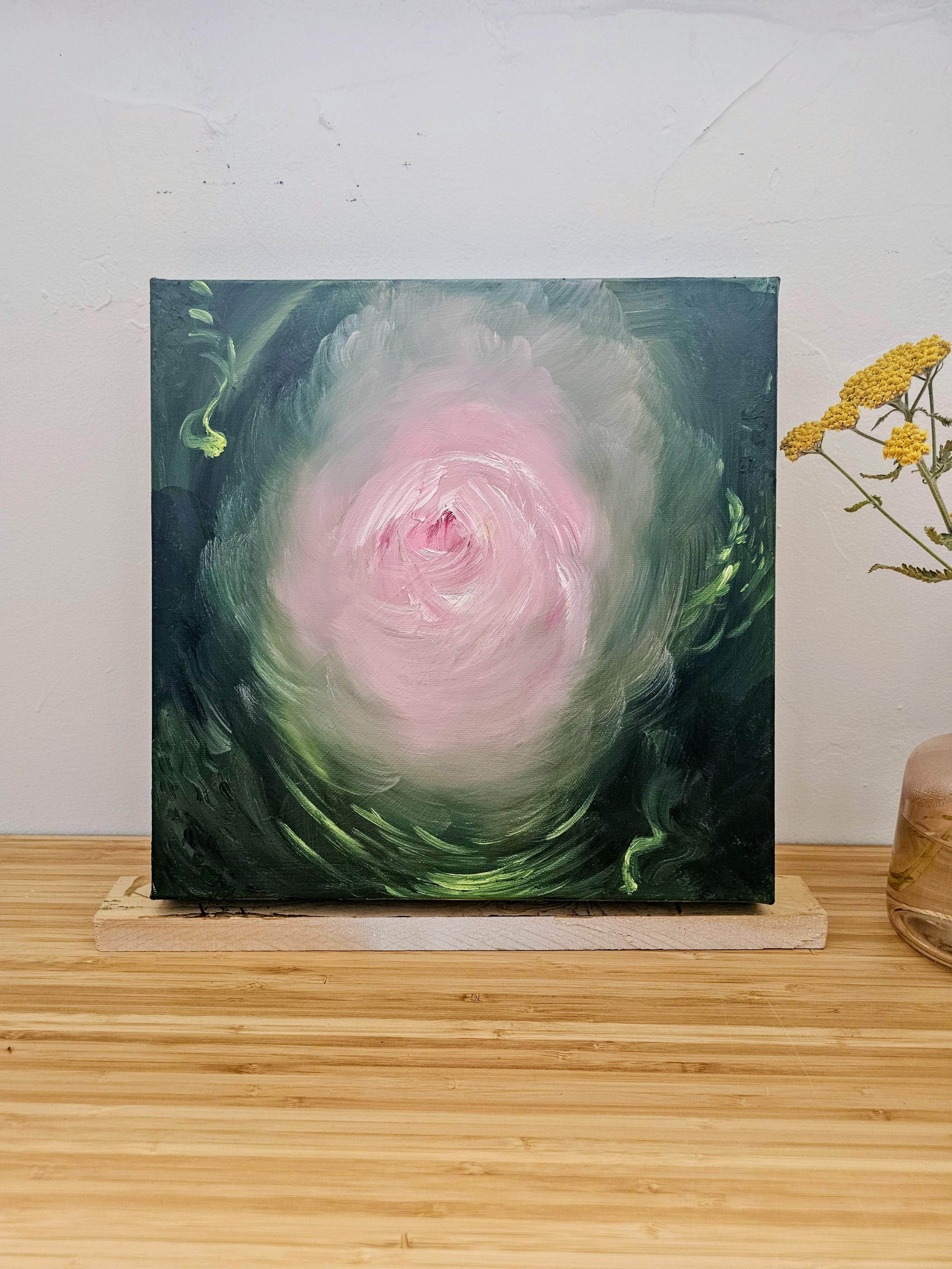 Camellia - Vibrant green and pink expressionist abstract floral painting For Sale 2