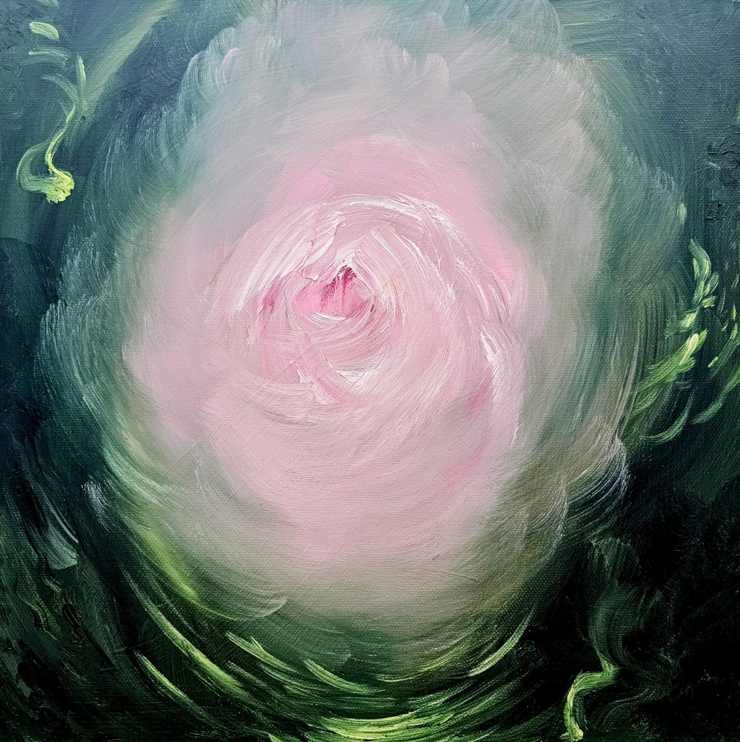 Jennifer L. Baker Abstract Painting - Camellia - Vibrant green and pink expressionist abstract floral painting