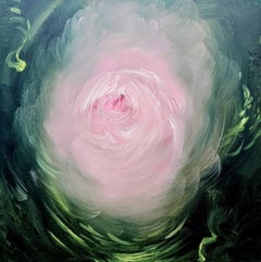 Camellia - Vibrant green and pink expressionist abstract floral painting
