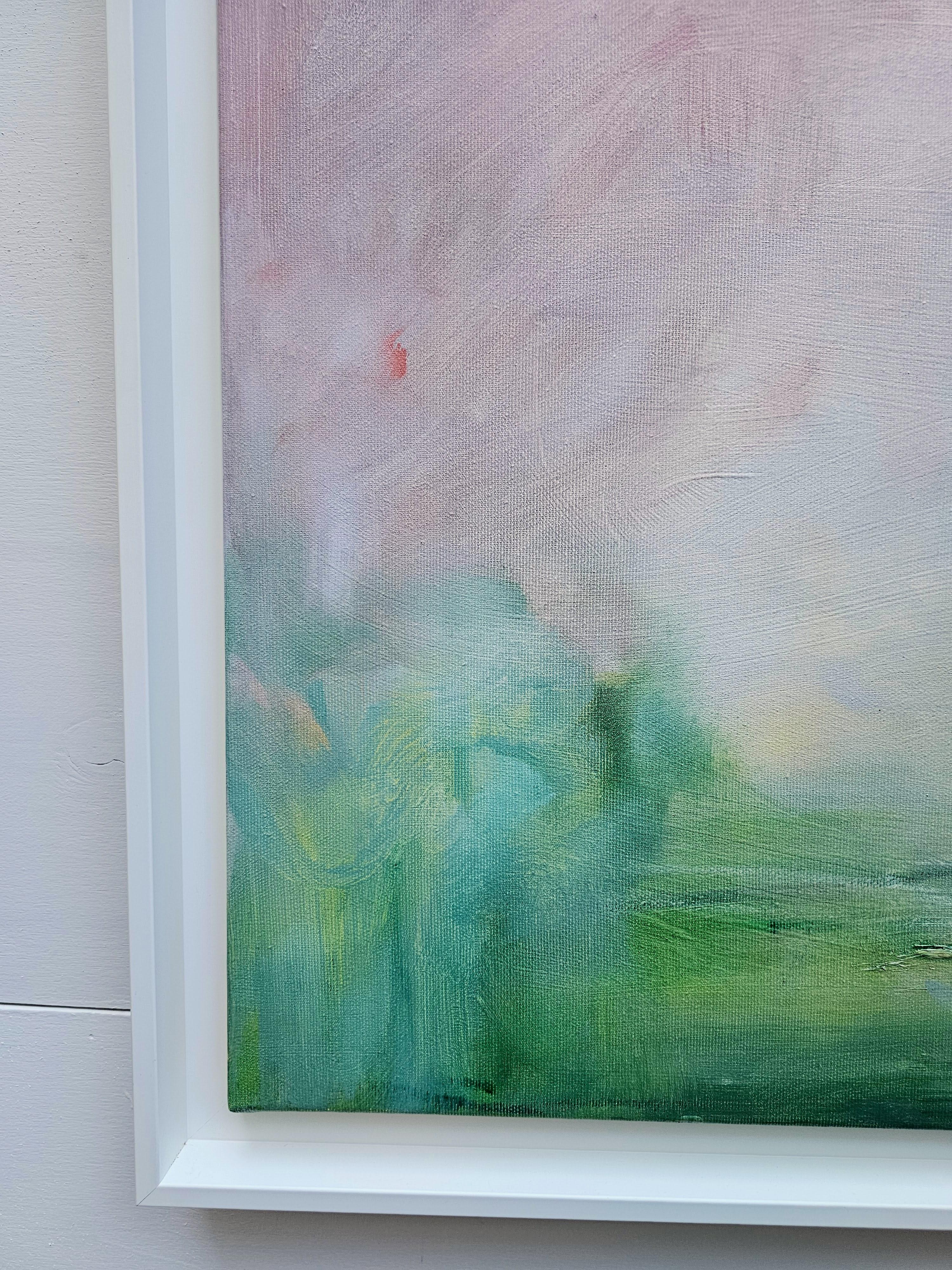 Can I come home for the summer? - Large soft green abstract landscape painting For Sale 5