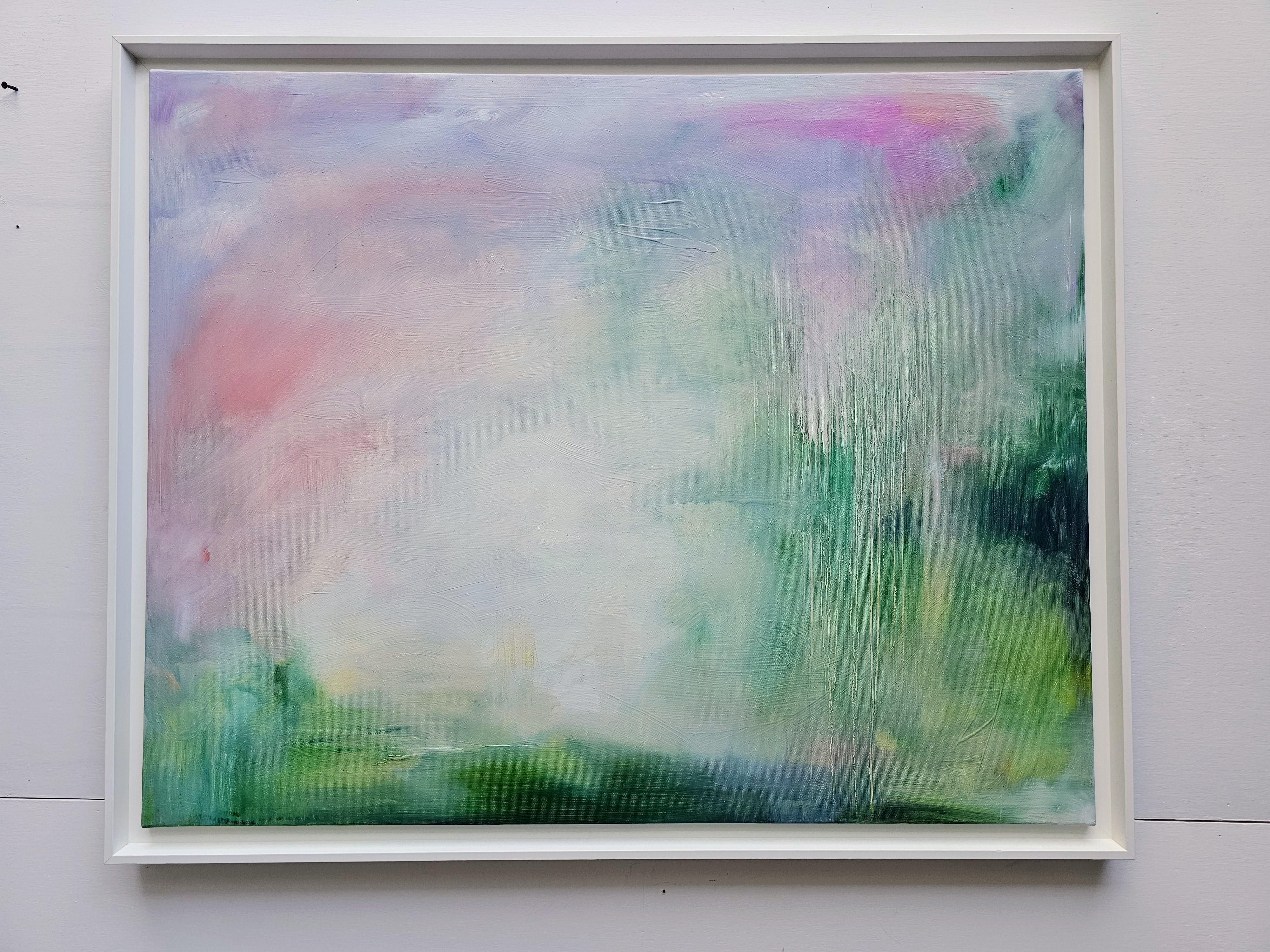 Can I come home for the summer? - Large soft green abstract landscape painting For Sale 6