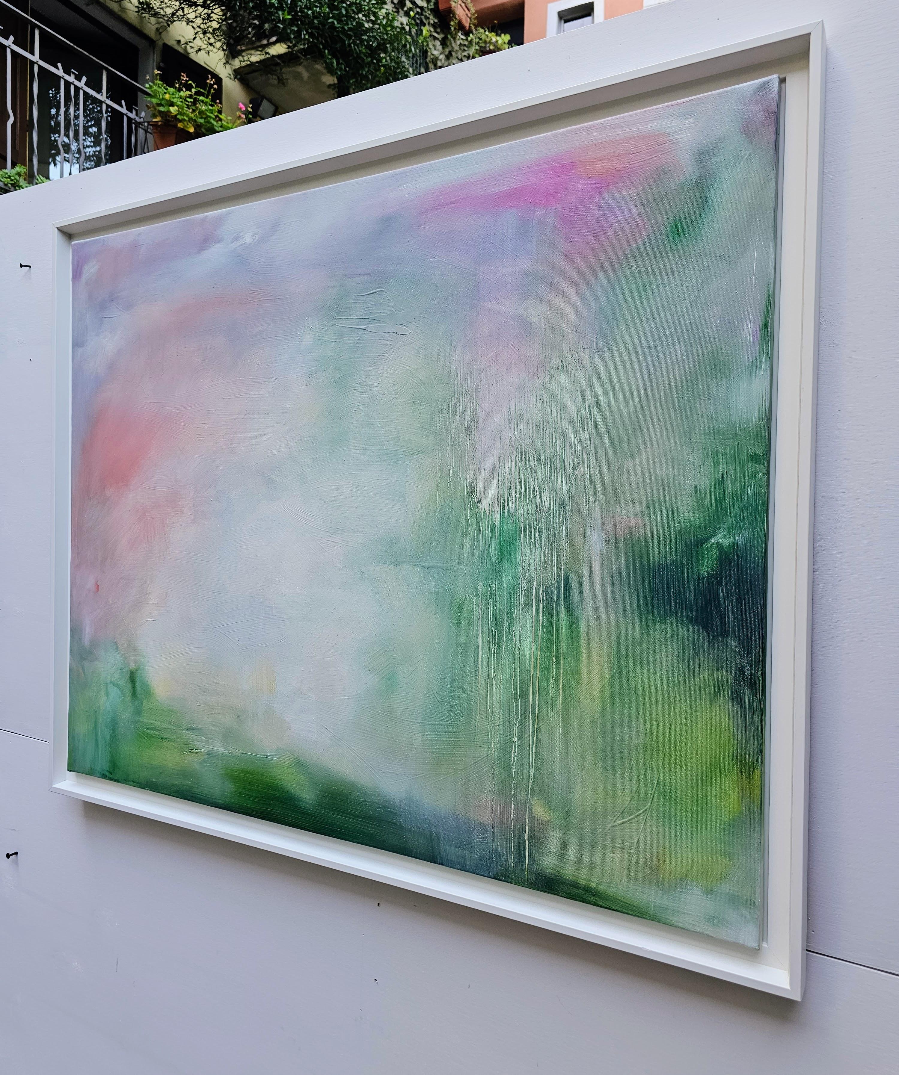 Can I come home for the summer? - Large soft green abstract landscape painting For Sale 7
